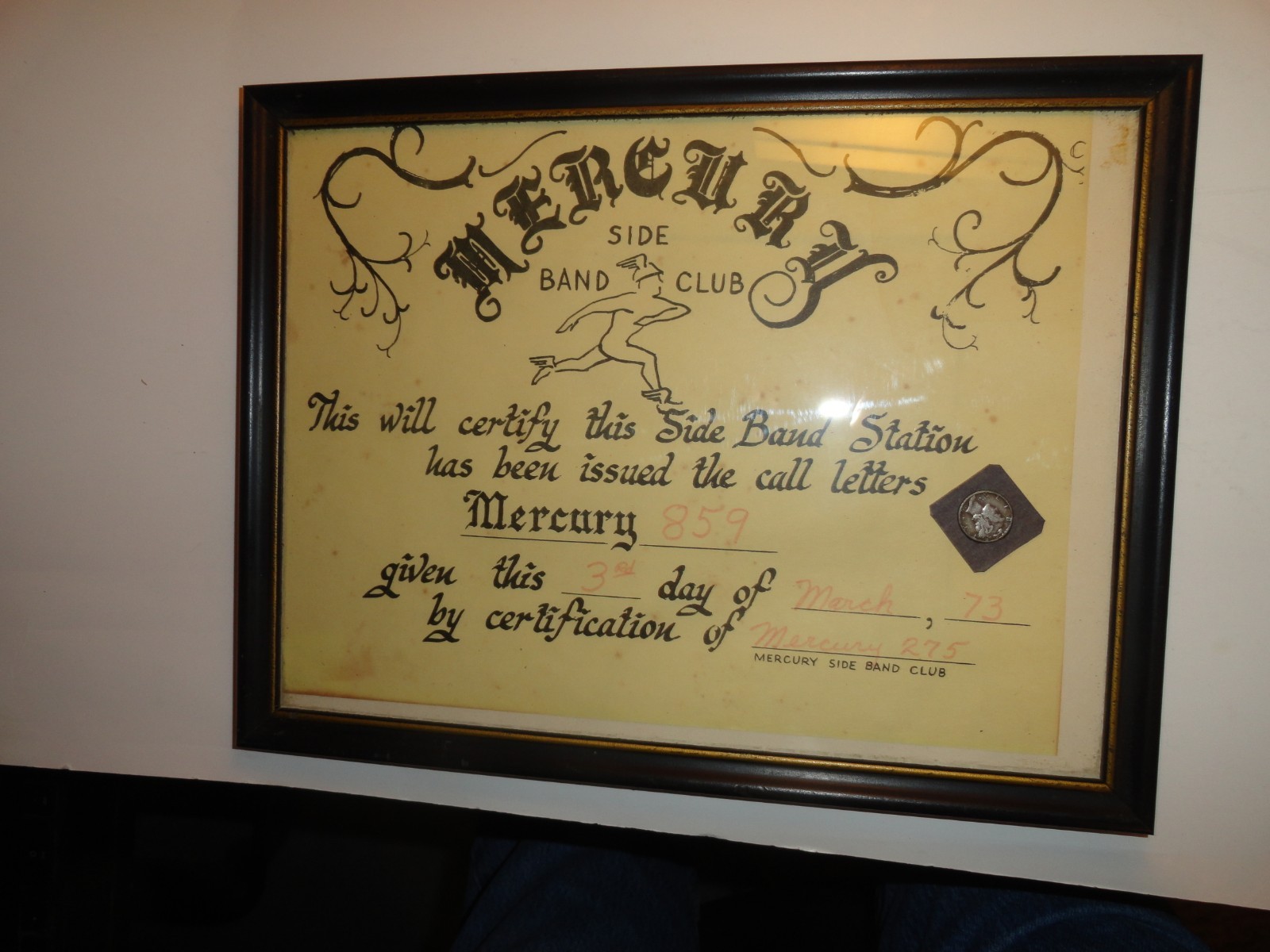 1973 Ham Radio "Mercury Side Band Club" Official Station Call Letter Document