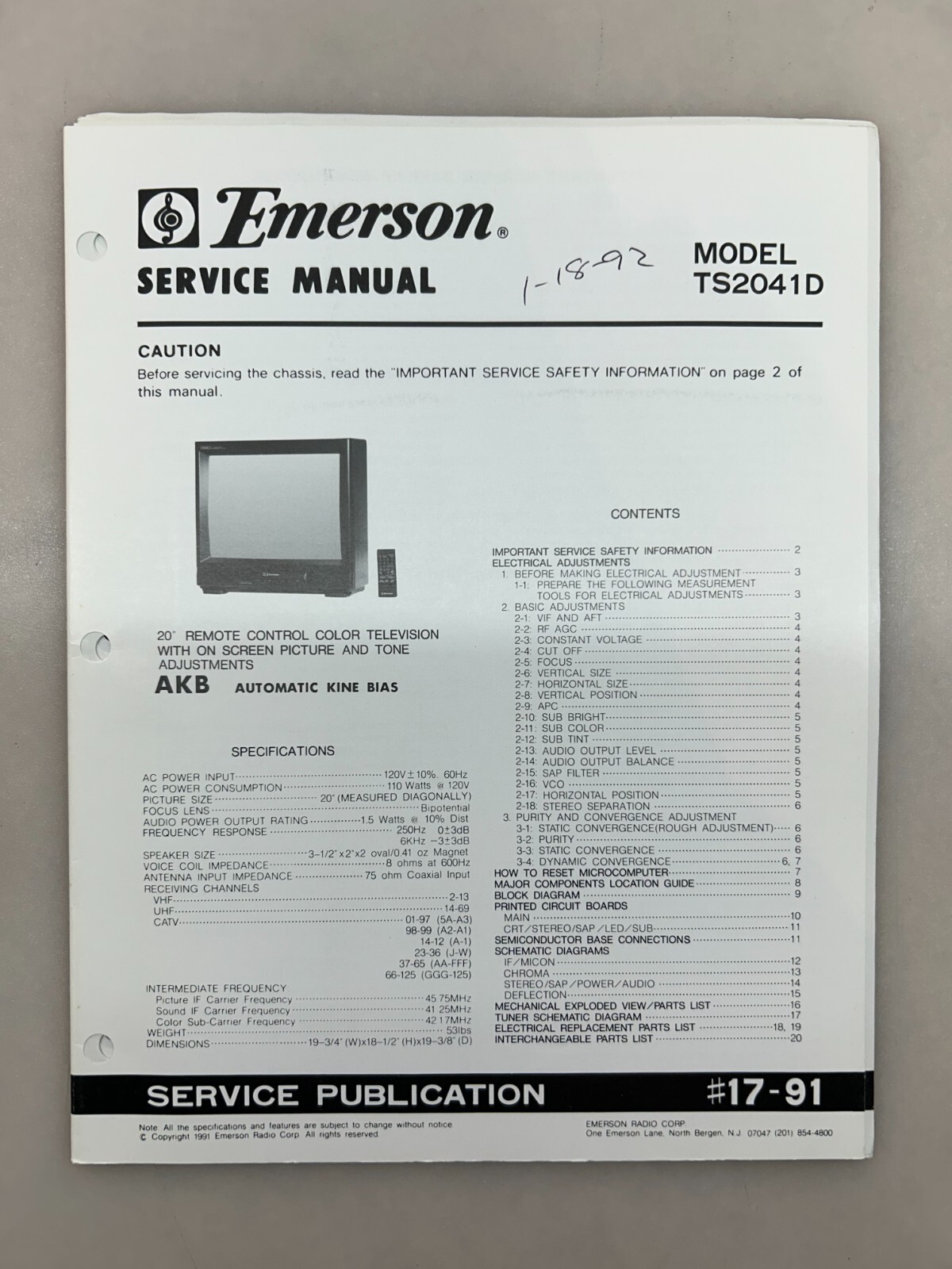 Emerson TS2041D Original Service Manual Free Shipping