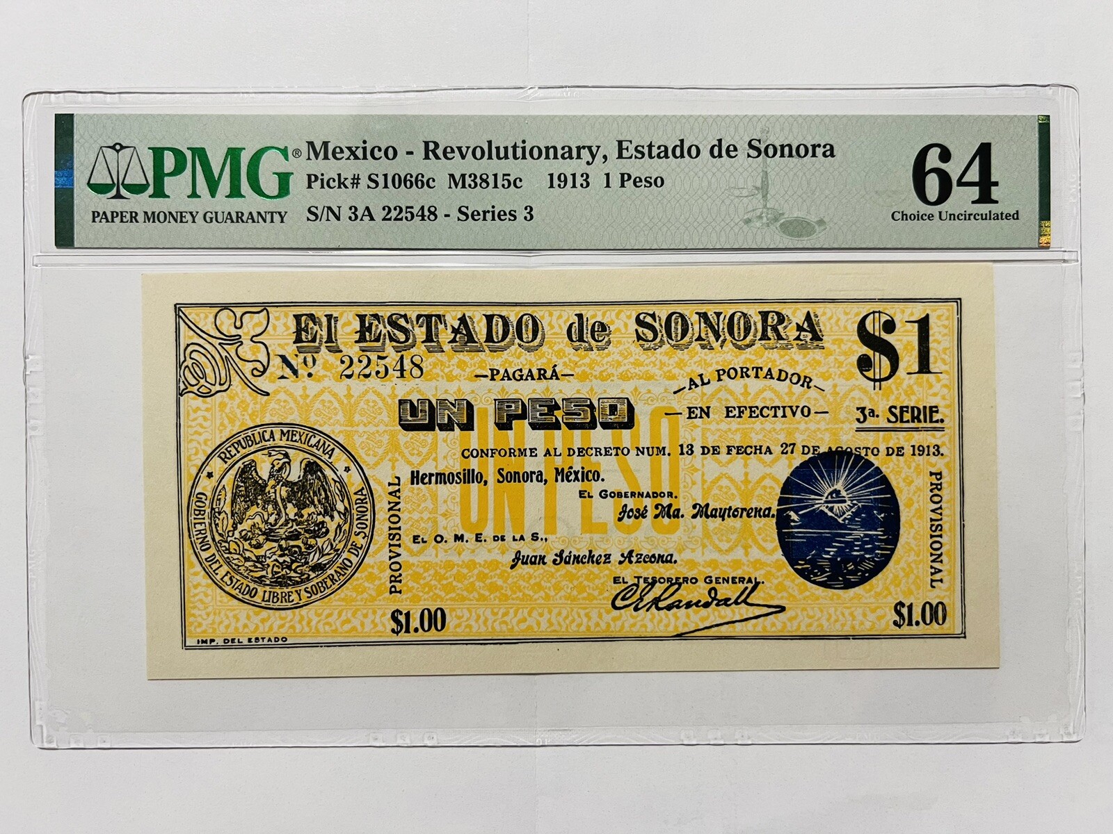 México, PMG, Revolutionary, Estado de Sonora, (1913) $1 Peso, Uncirculated.