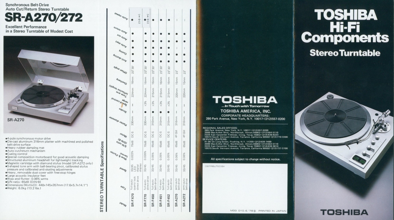 1978 Toshiba Stereo Turntables Original Dealer Brochure HiFi Stereo Store Specs