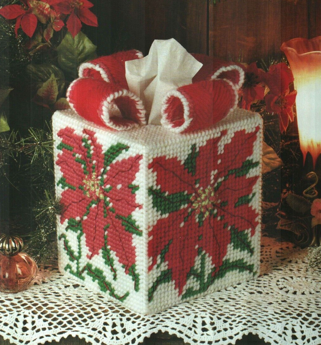 POINSETTIA TISSUE TOPPER COVER CHRISTMAS PLASTIC CANVAS PATTERN INSTRUCTIONS