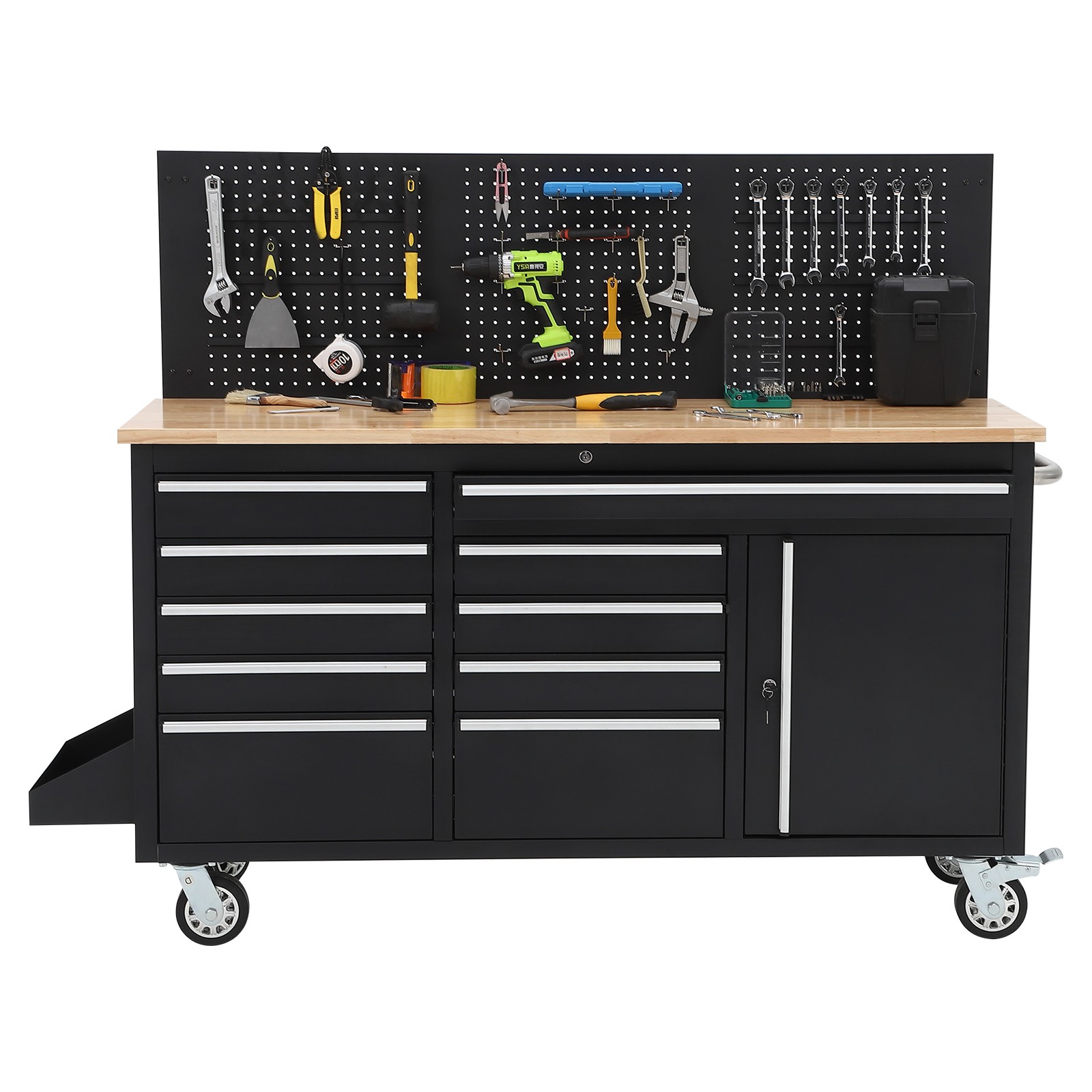 Workbench Rolling Tool Chest Heavy Duty Work Table with 10 Drawers and Pegboard