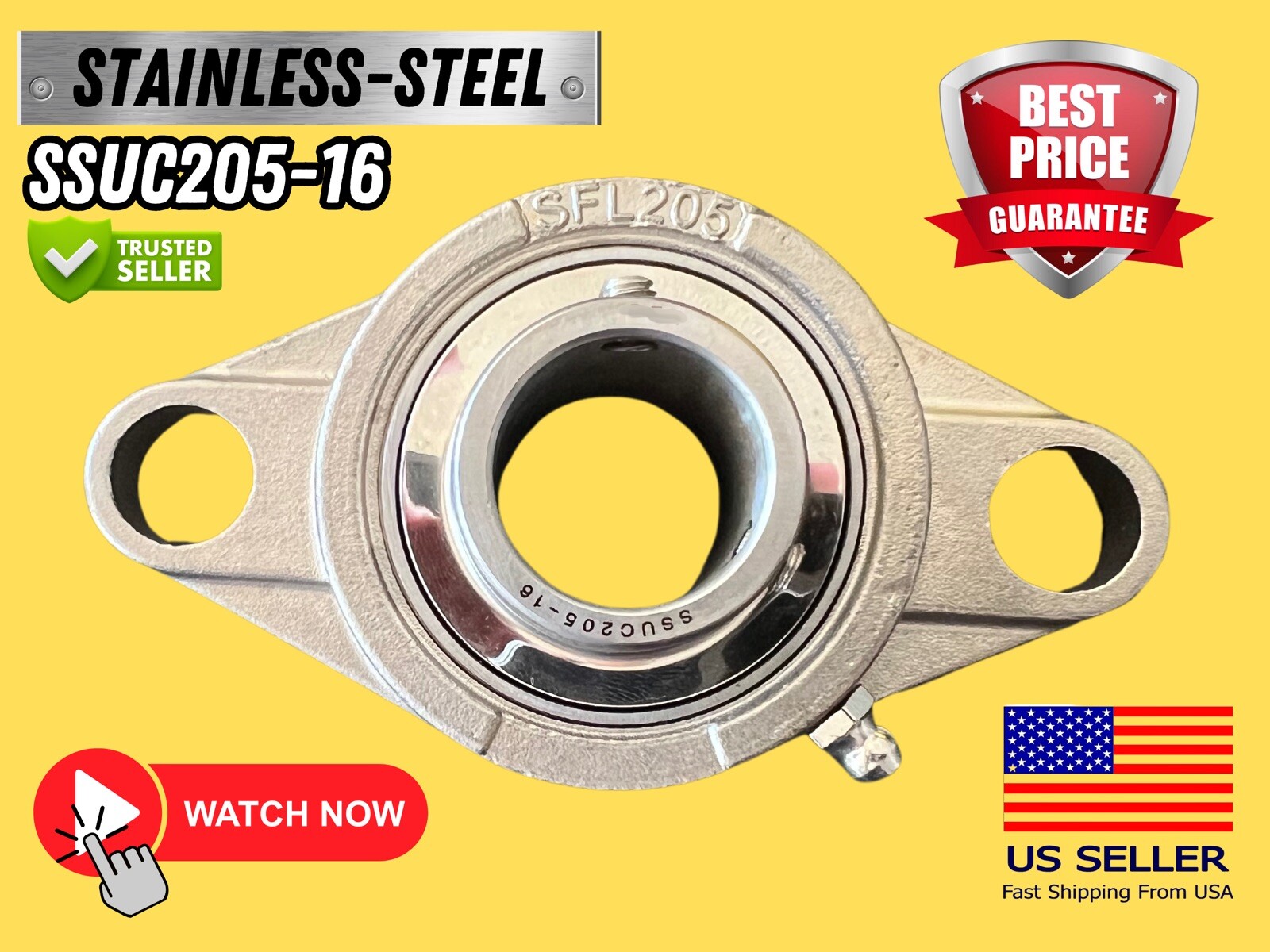 1" Stainless Steel Two Bolt Flange 1 Inch Bore Bearing SSUCFL205-16 SUCSFL205-16
