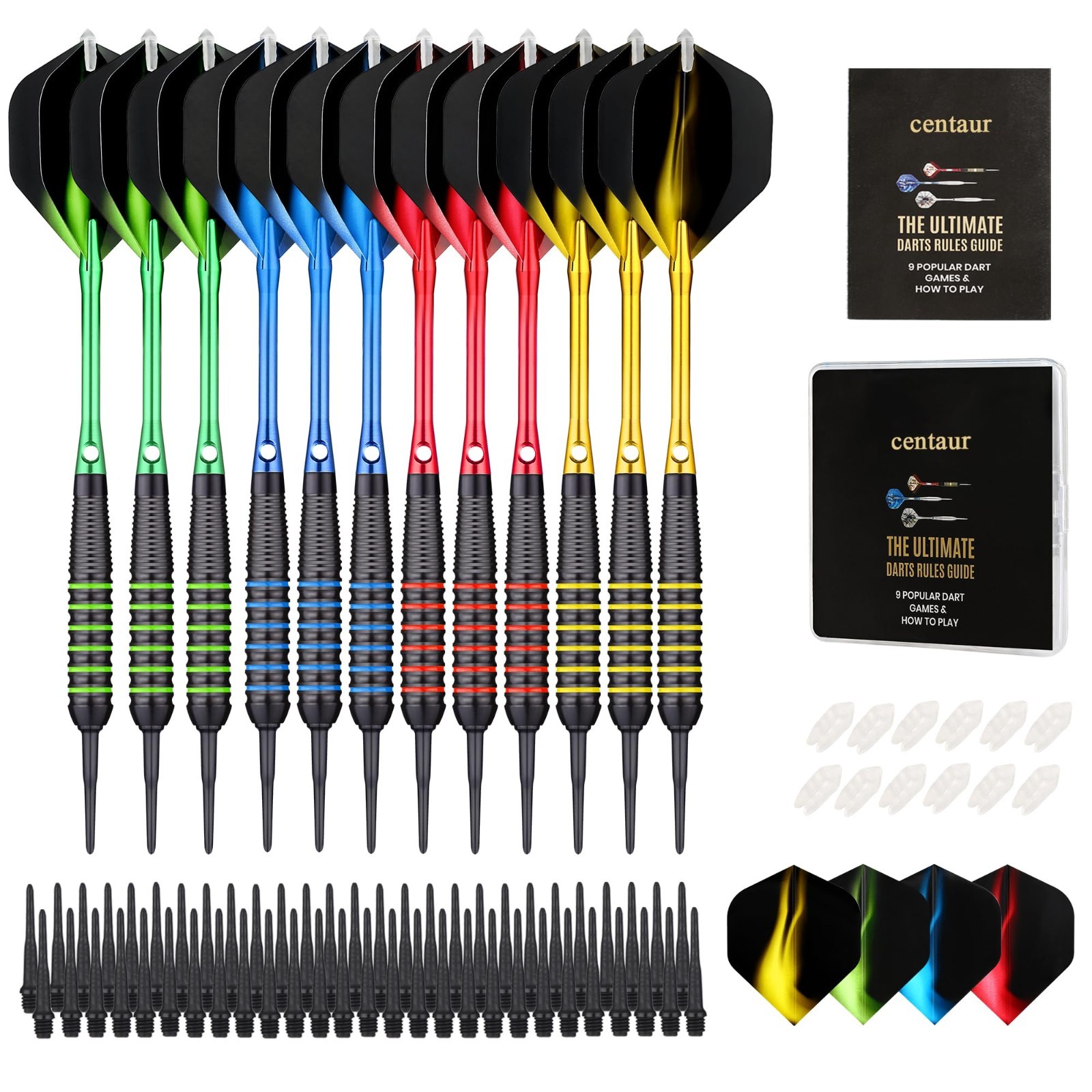 12 Pack Soft Tip Darts Set - 18g Plastic Tips, 100 Tips, 16 Flights, Case, 4 Col