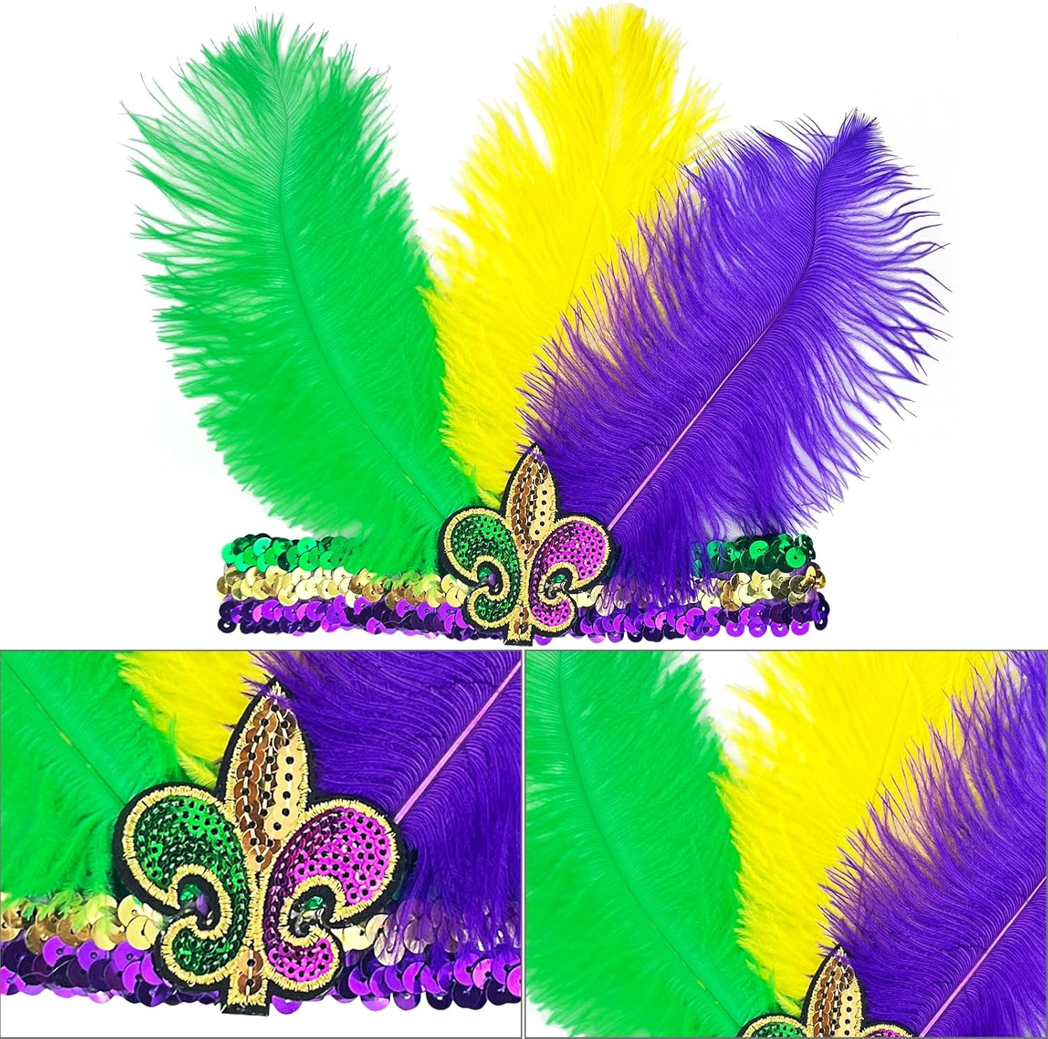 2 Pack Mardi Gras Fluer Di Lis Headband Sequin Fascinators Purple Yellow Gree...