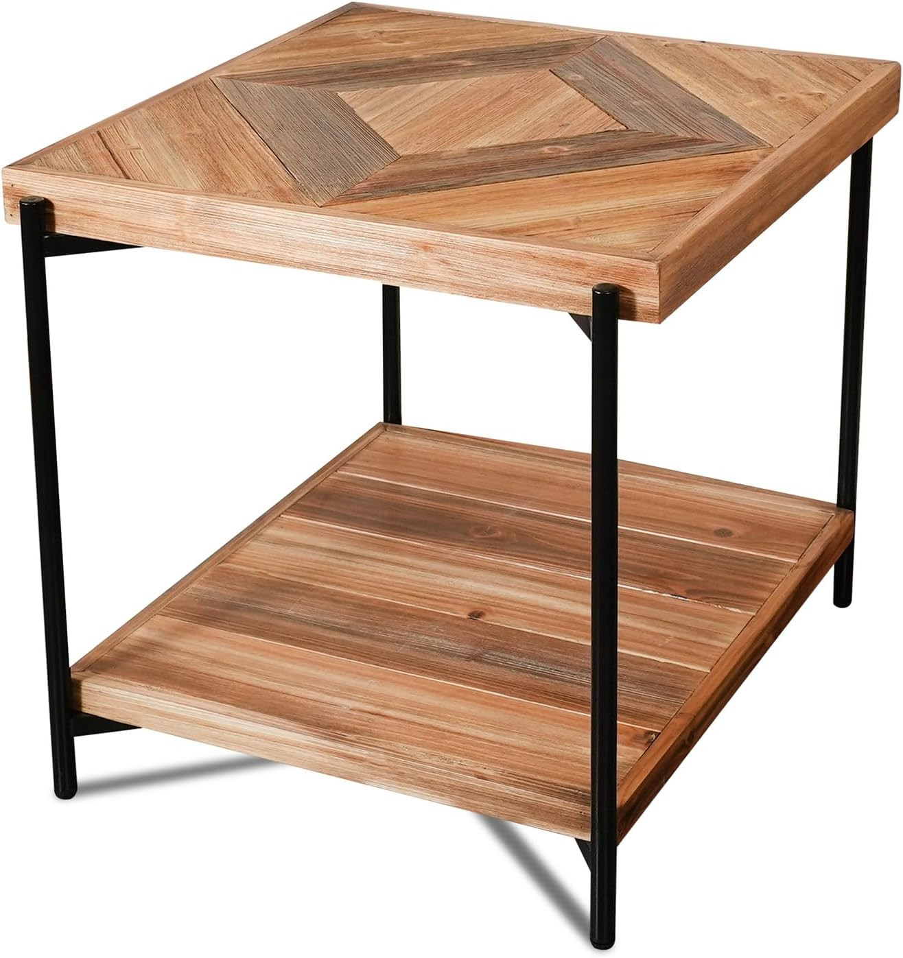 Stonecreek End Table 23 Inch, Solid Fir Wood Side Table with Metal Frame, 2-Tier