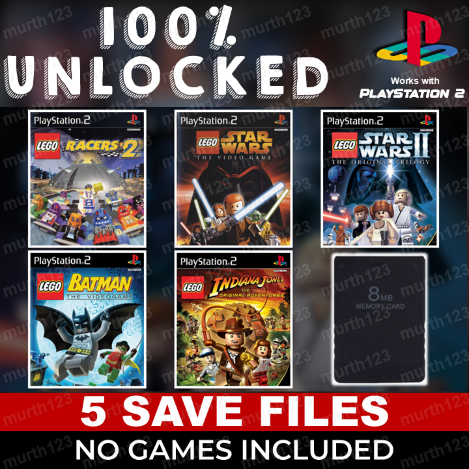 LEGO Star Wars Batman Indiana Jones Racers PS2 Memory Card 100% Beaten Unlocked
