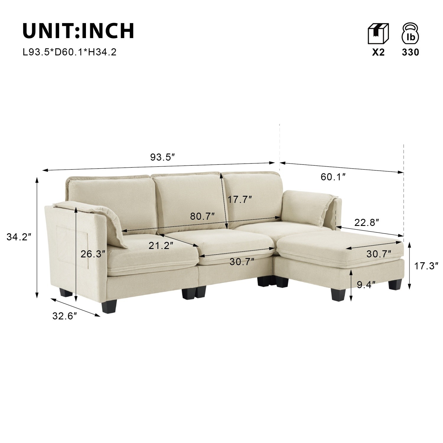 L-Shaped Sofa 4-Seater Modular Couch w/ Ottoman & Detachable Armrest Cushion