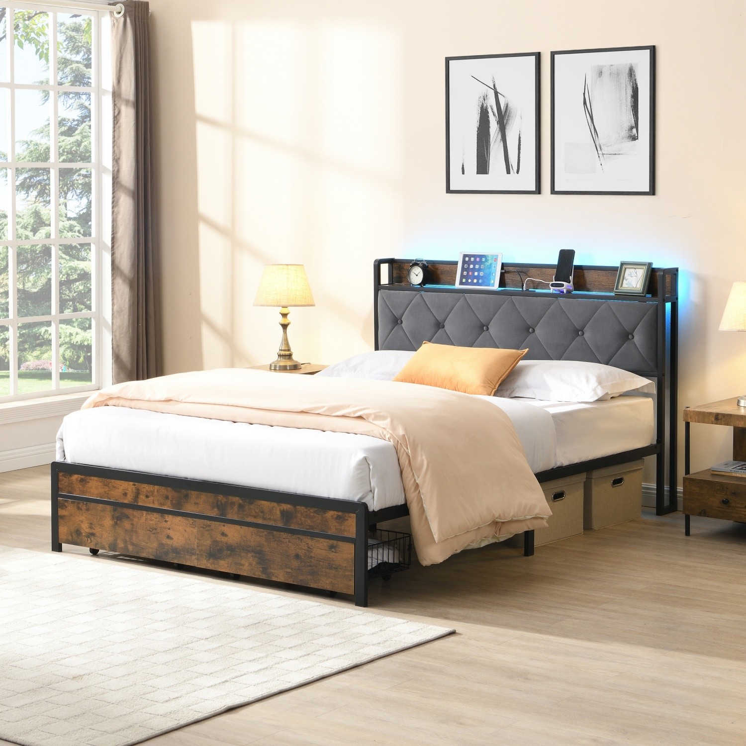 Full/Queen/King Size LED Bed Frame Metal Platform Bed w/ USB Ports & 2 Drawers