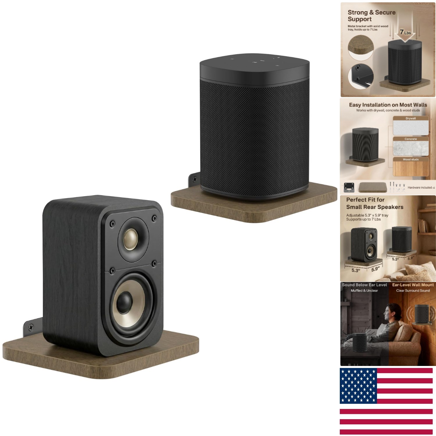 Versatile Wall Mounted Speaker Shelf for Compact Designs - Supports 7 lbs - 5.9"