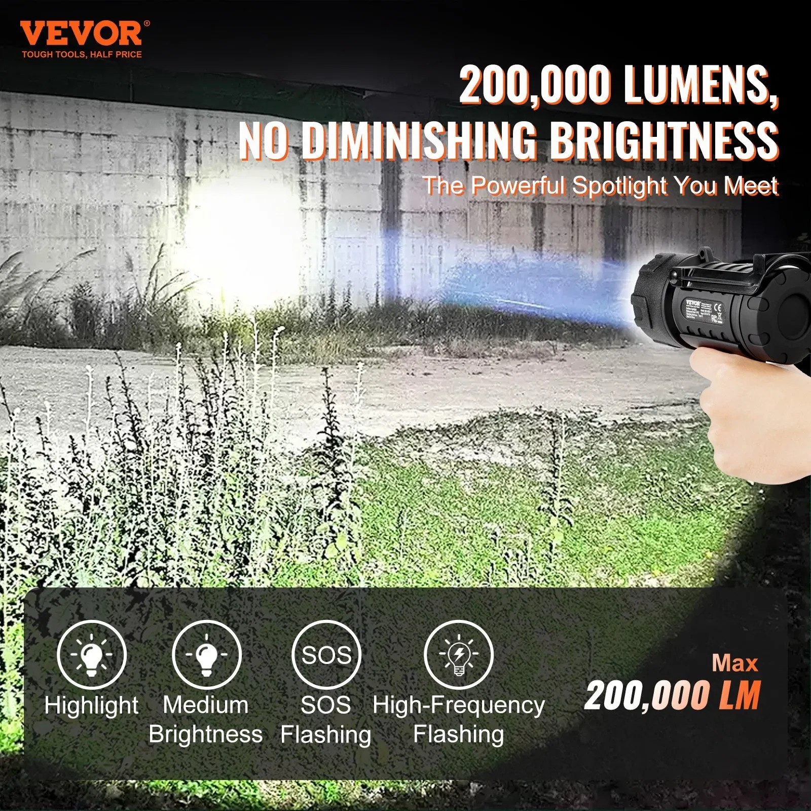 USB Super Bright Rechargeable Spotlight Flashlight 200,000LM Searchlight Spot