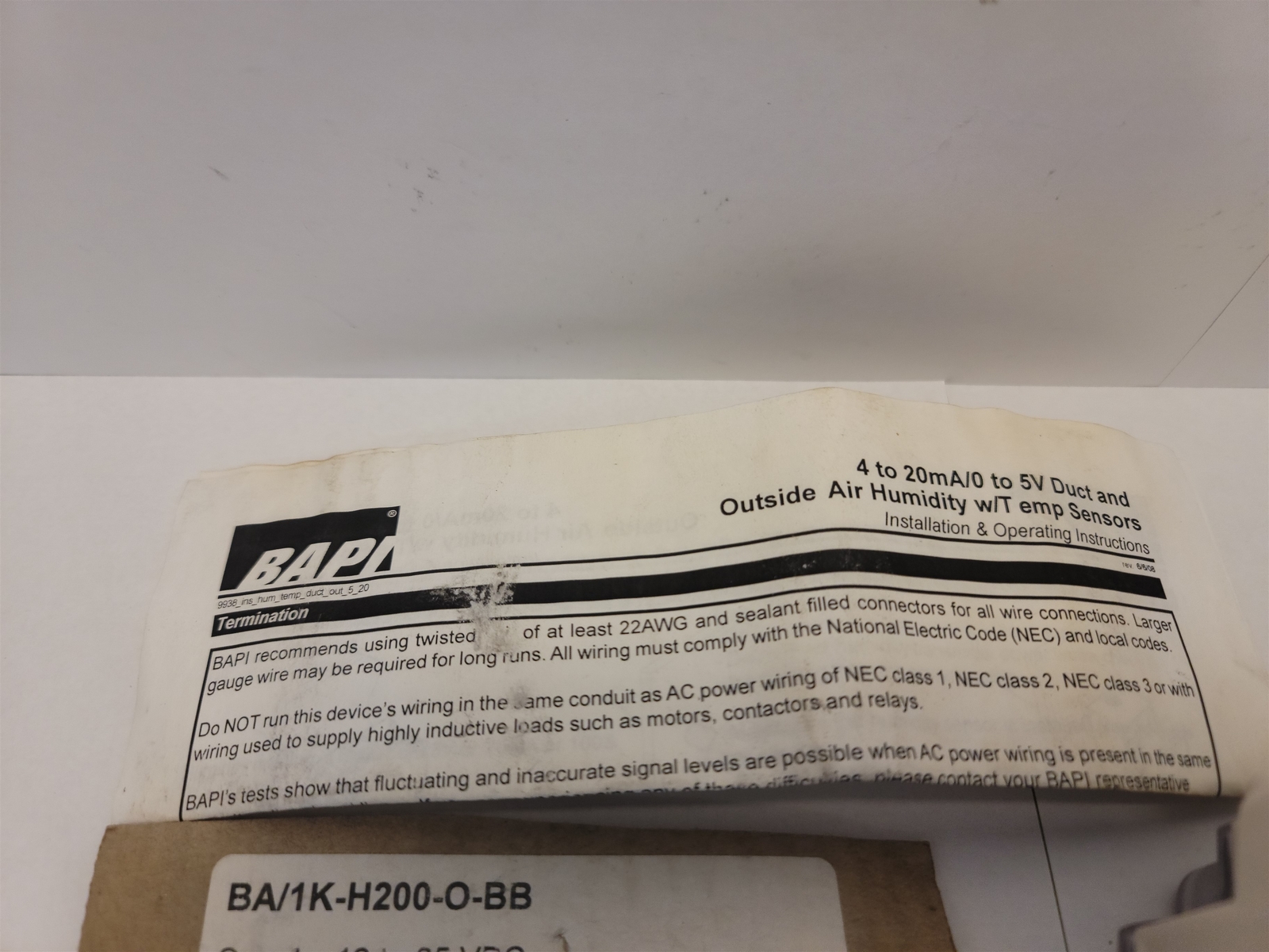 BAPI BA/1K-H200-O-BB Humidity Transmitter w/ Interchangeable Output
