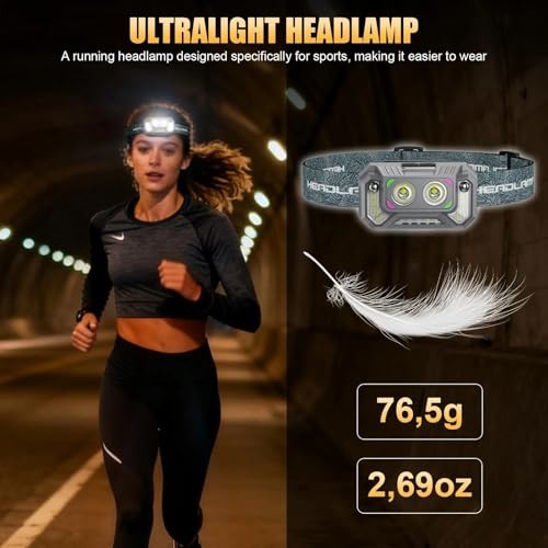 LED Headlamp Lightweight with Red Light Motion Sensor, 5 Modes USB T129 2 Pack