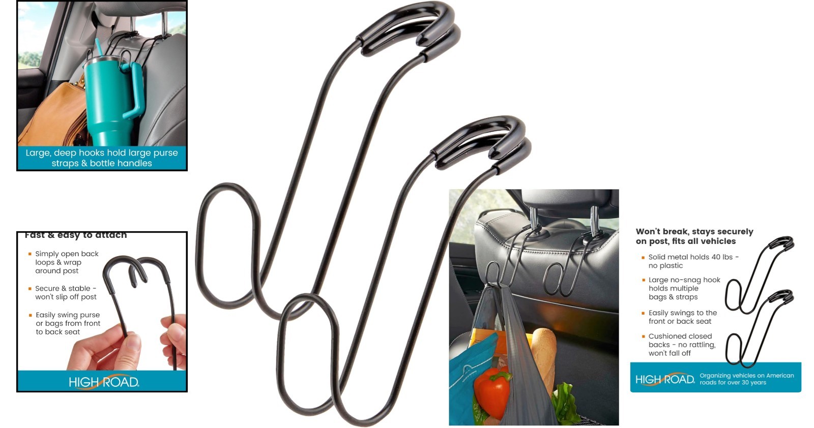 Unbreakable Solid Metal Car Bag Hooks - Secure Storage for Heavy Bags, 2-Pack