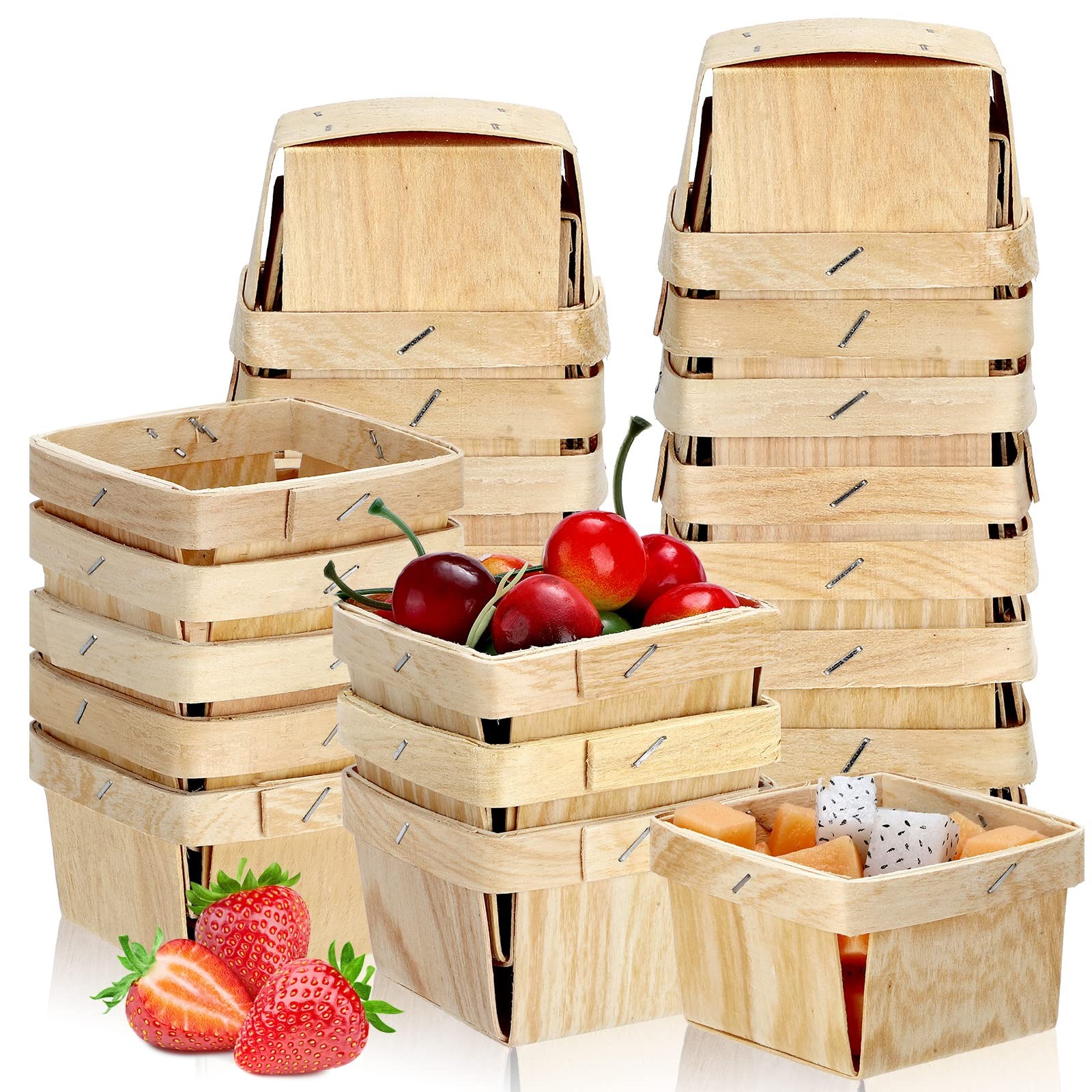 25 Pieces 1/2 Pint Wooden Gift Baskets 3 x 3 x 2.2 Inch Square Vented Wood Bo...