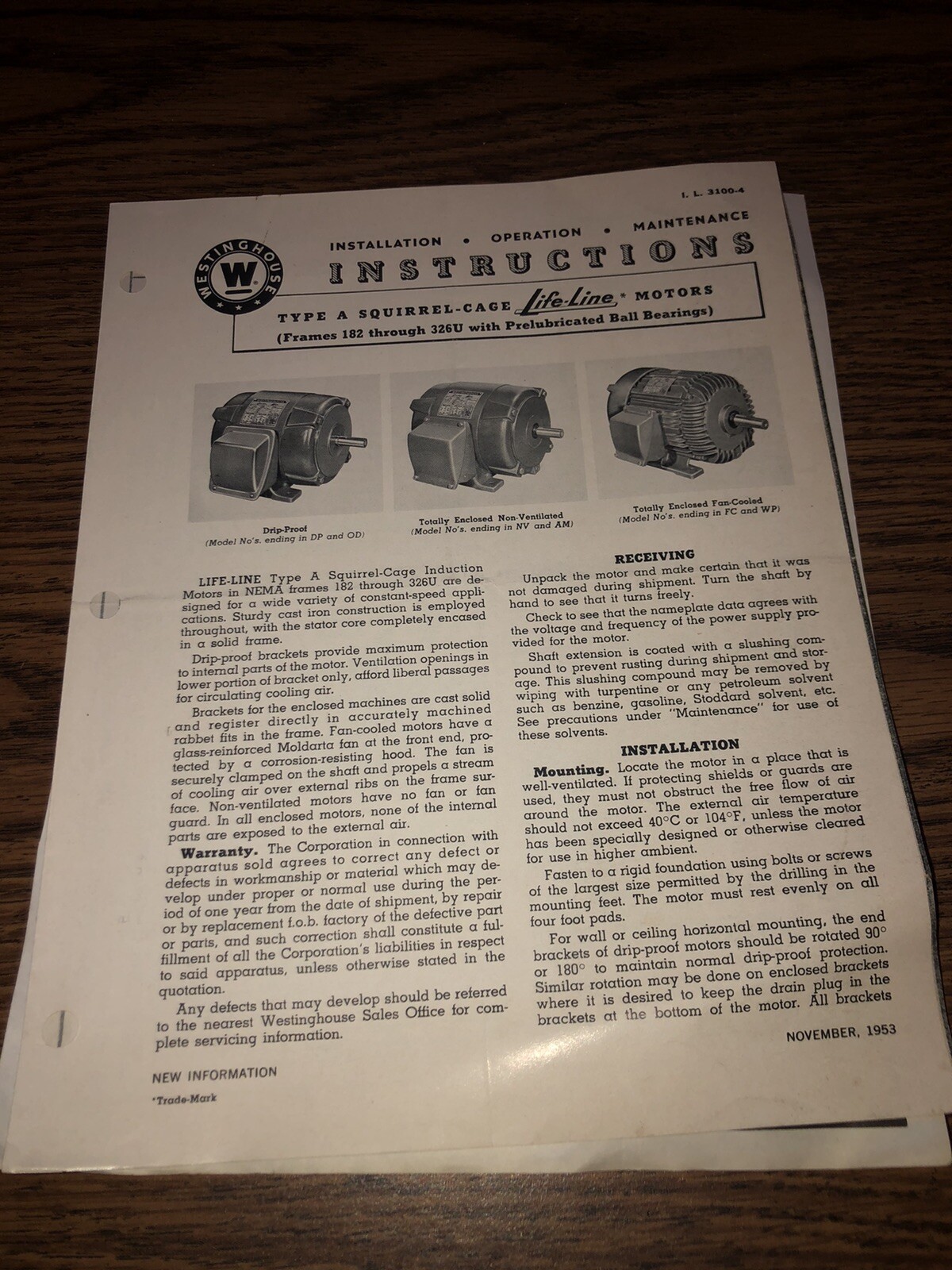 1953 Wesinghouse Squirrel Cage Life-Line Motors Pamphlet & Schematic