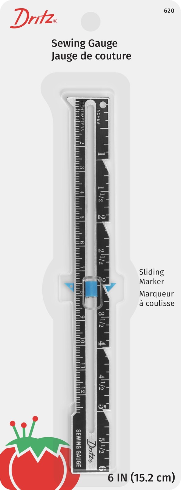 Dritz 620 Sewing Gauge 1 Pack, Nickel With Black Printing and Blue Slider