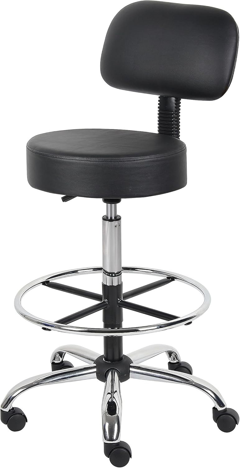 Durable Black Vinyl Drafting Stool with Adjustable Height & Plush Back Support