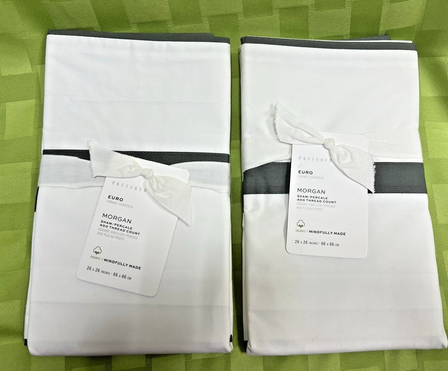 2 Pottery Barn Morgan Sham EURO 26" White Flagstone Gray 400 Thread Ct NEW