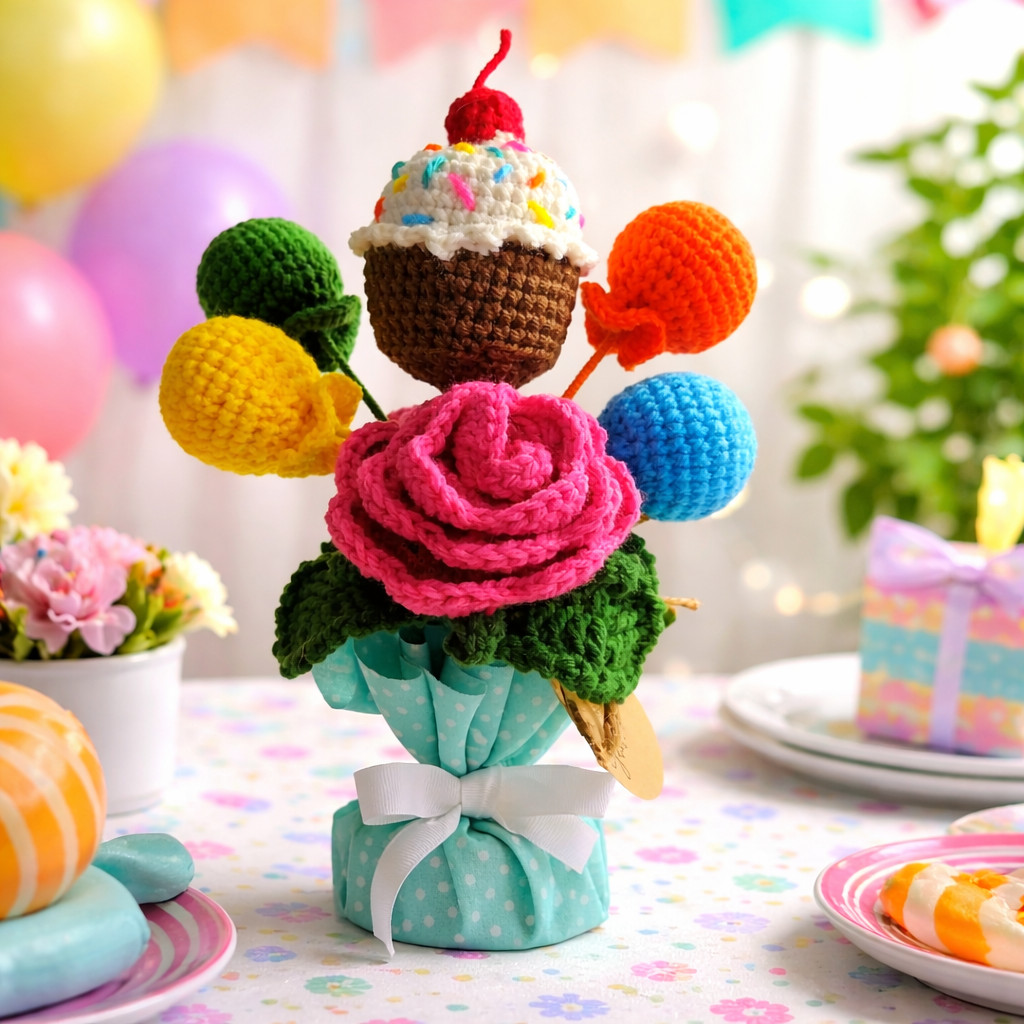 Handmade Crochet Flower Bouquet Happy Birthday Flowers Cupcake Balloons