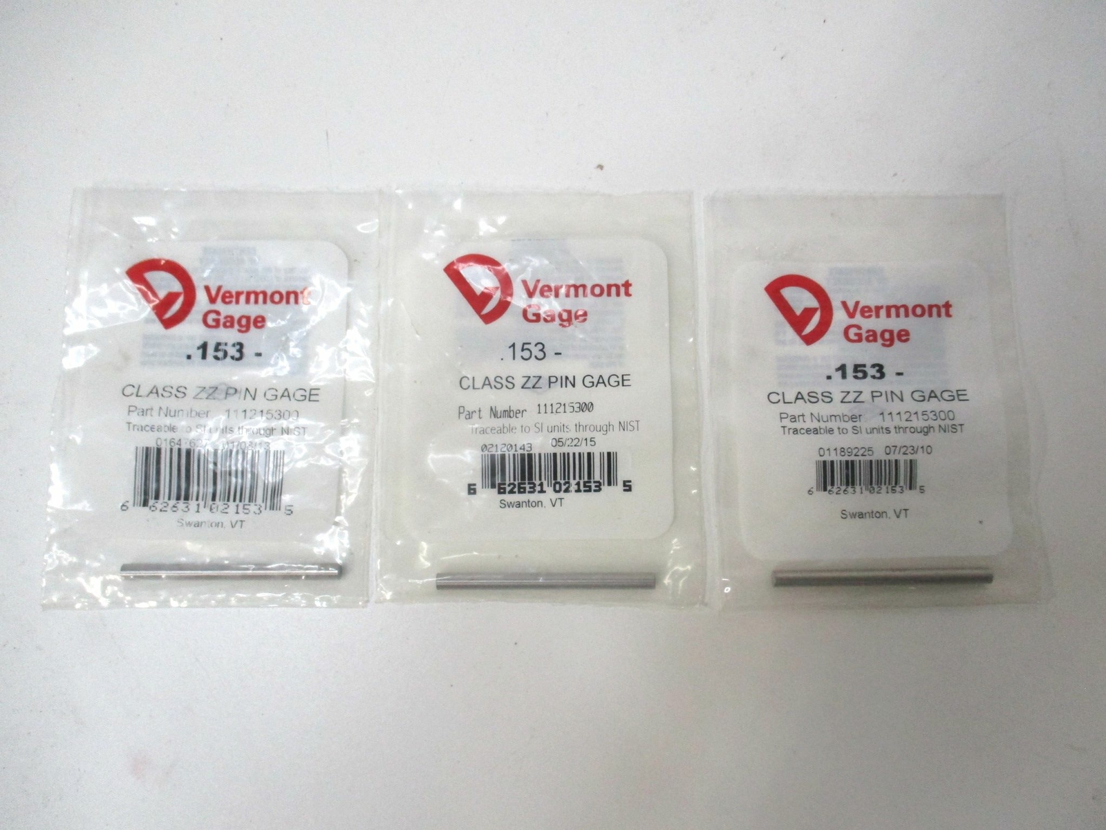 Vermont Gage (111215300) 0.153" Tolerance Class ZZ Steel No-Go Pin Gage - Qty 3