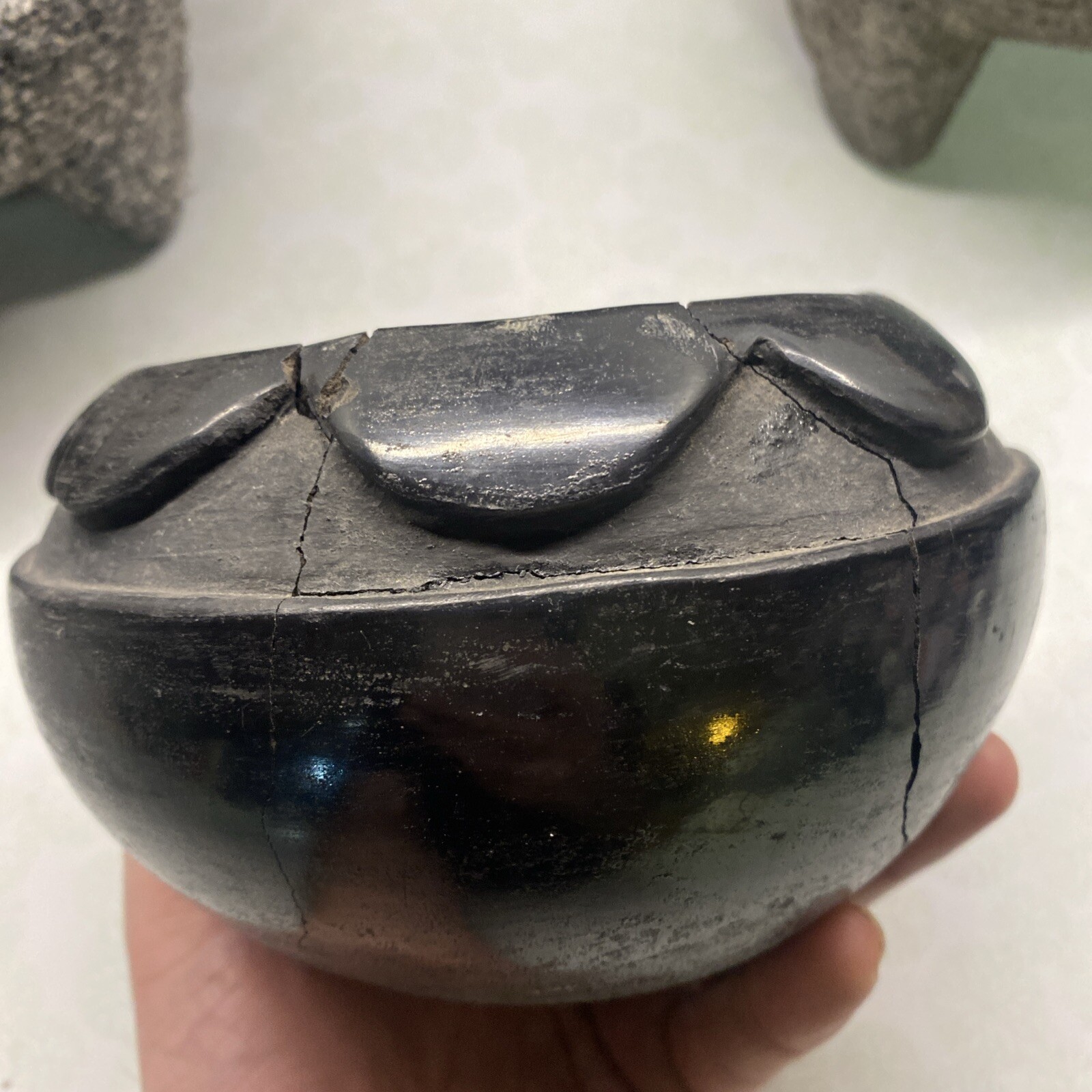 MLC s2687 GLUED 6” X 3 3/4” Black Ware Pot Pottery Bowl Mexico Signed