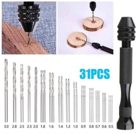 31PCS Precision Pin Vise Hobby Micro Drill Bits Mini Micro Hand Rotary Tools Set