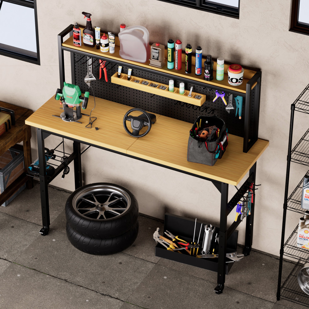 71'' Adjustable Workbench w/ Pegboard, Wheels & Power Outlets