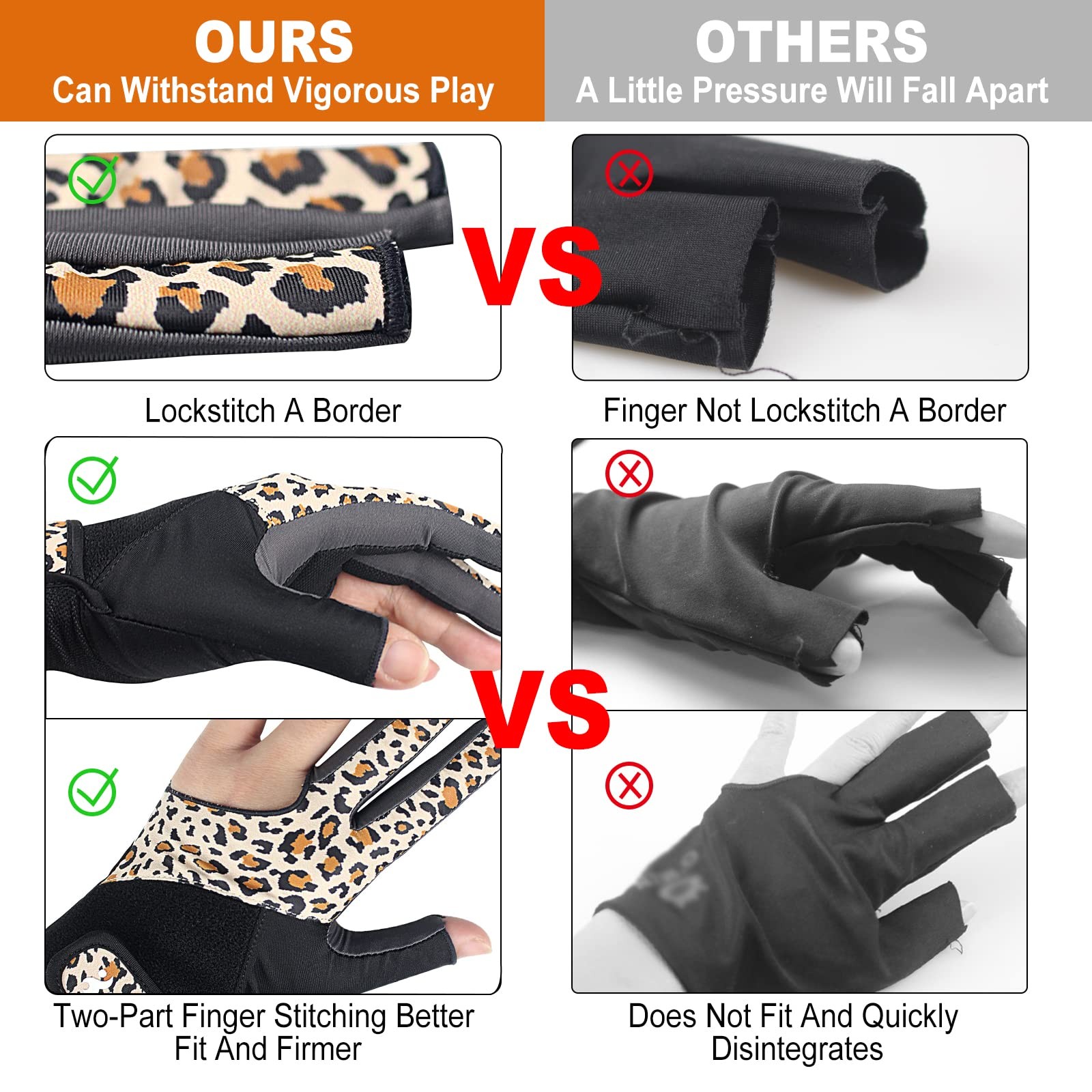 Billiard Pool Gloves for Left Hand 3 Finger, Splicing Process, Snooker Cue Sp...