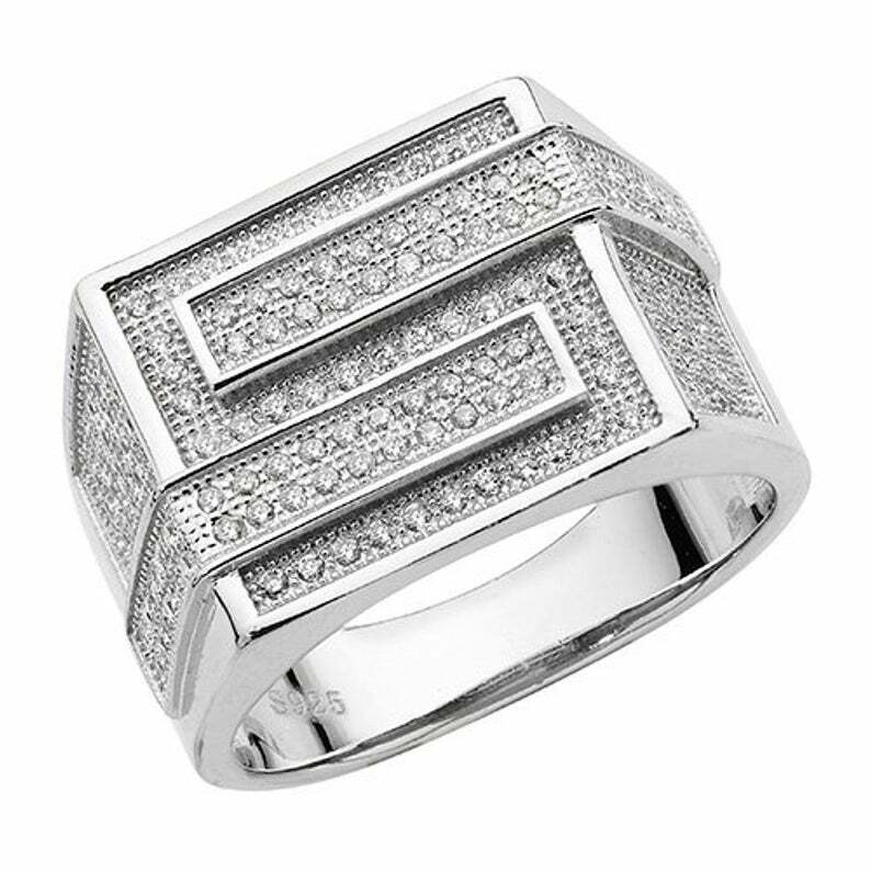 Round Shape Clear Cubic Zirconia Men's 925 Sterling Silver Wedding Solid Ring