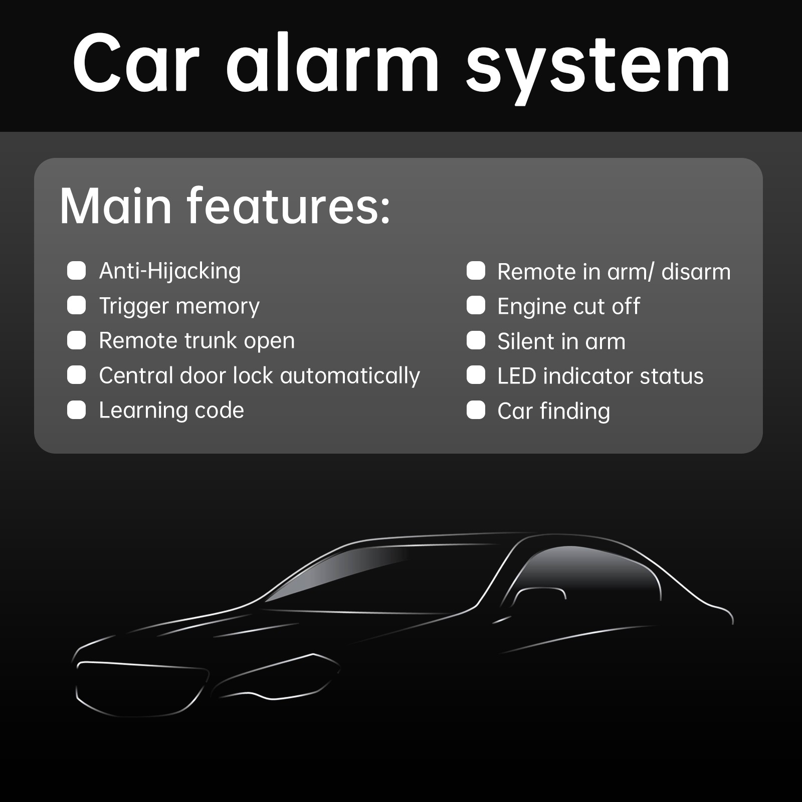 Universal 12V Car Alarm System with Engine Cut-Off, Shock Sensor, 2 Remotes