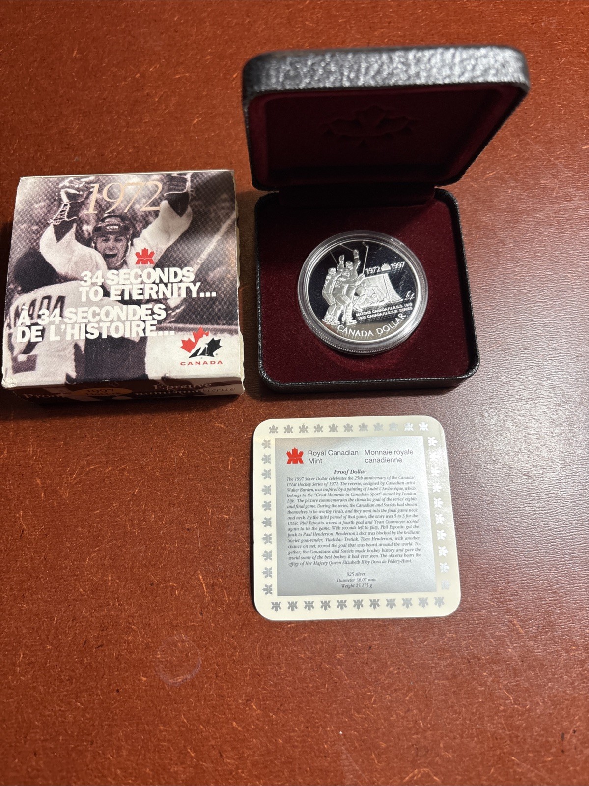 1972 Canada 34 Seconds To Eternity Hockey 1997 Proof .925 Silver Dollar ASW .75