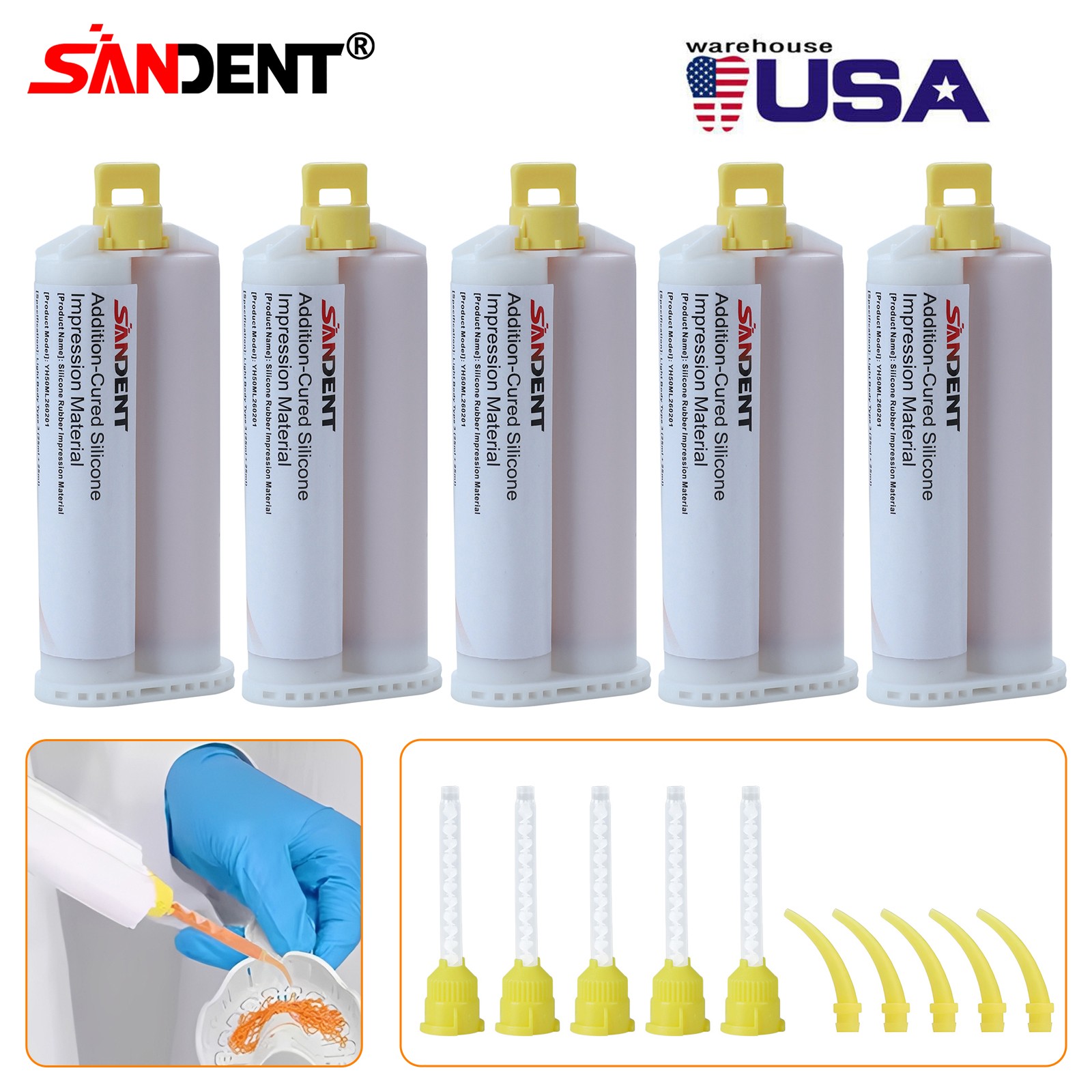 5 Packs Dental VPS Putty Impression Material 50ML Base & Catalyst Tips SANDENT