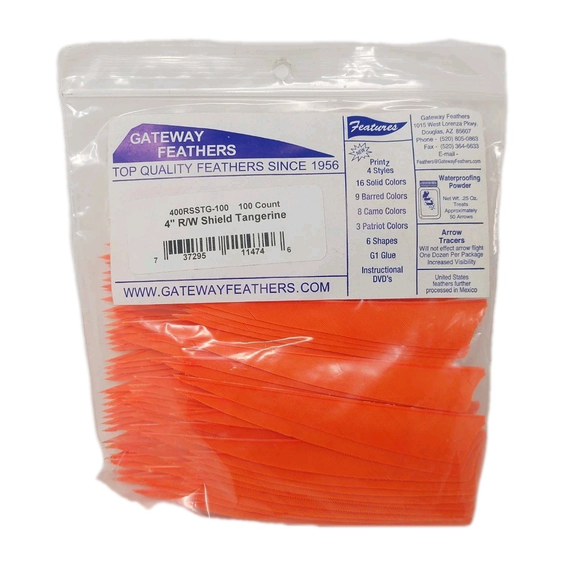 100 Pack Gateway Feathers 4" Right Wing: Shield Tangerine Orange 400RSSTG-100