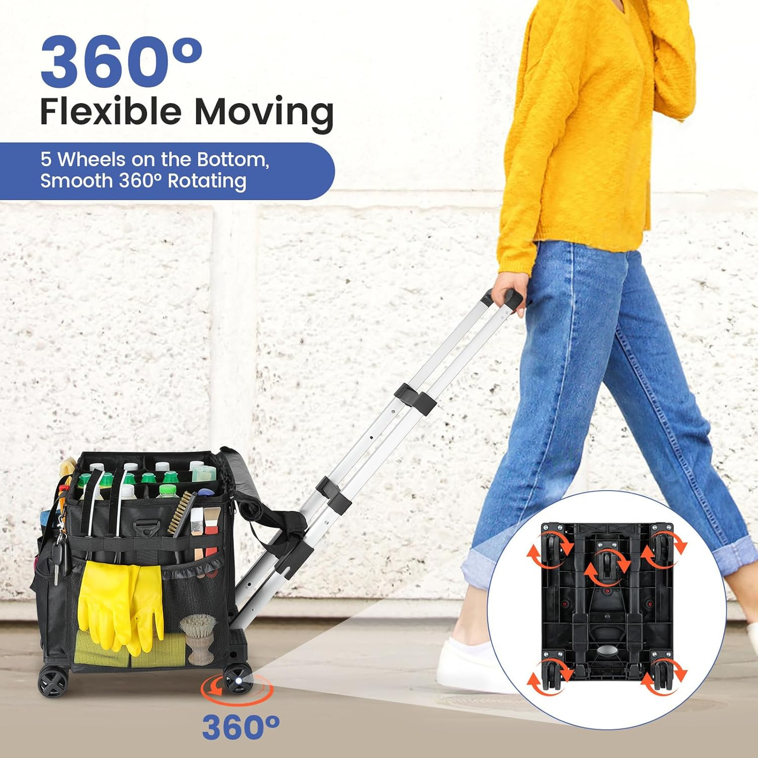 Extra Large Rolling Cleaning Caddy Bag with Trolley & 360° Wheels, Black