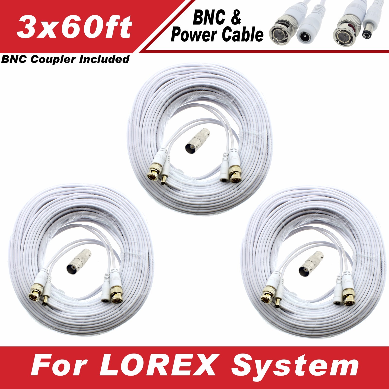 [60ft x3] Premium BNC cable for Lorex LHV828, LHV16212 720P/1080P Systems
