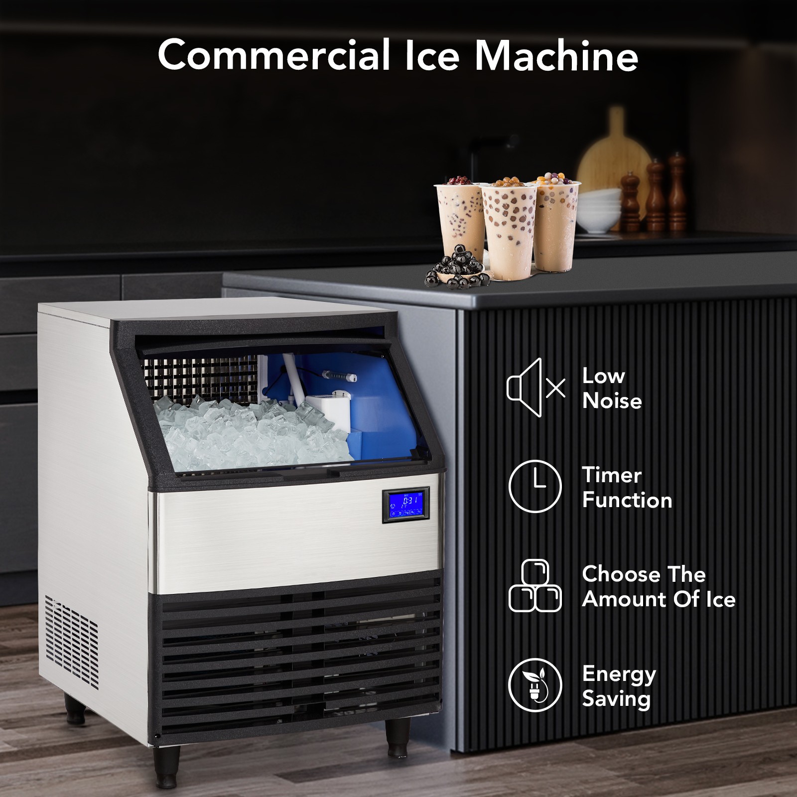 Commercial Ice Maker, Ice Maker Machine with 99lbs Storage Bin 176lbs/24 Hours
