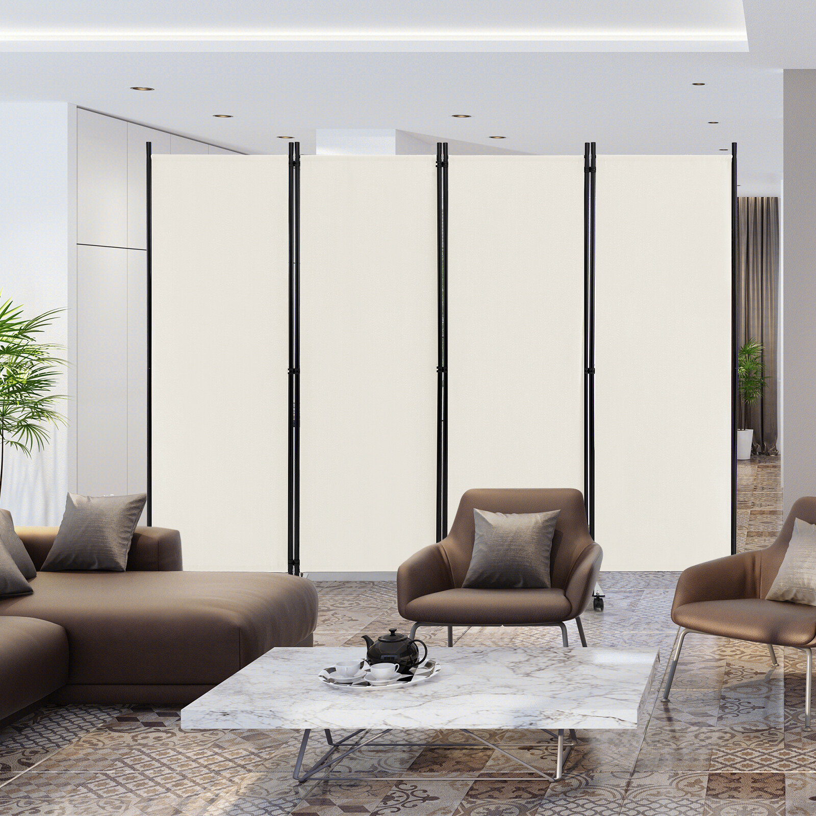 4-Panel Folding Room Divider 6FT Rolling Privacy Screen w/ Lockable Wheels White