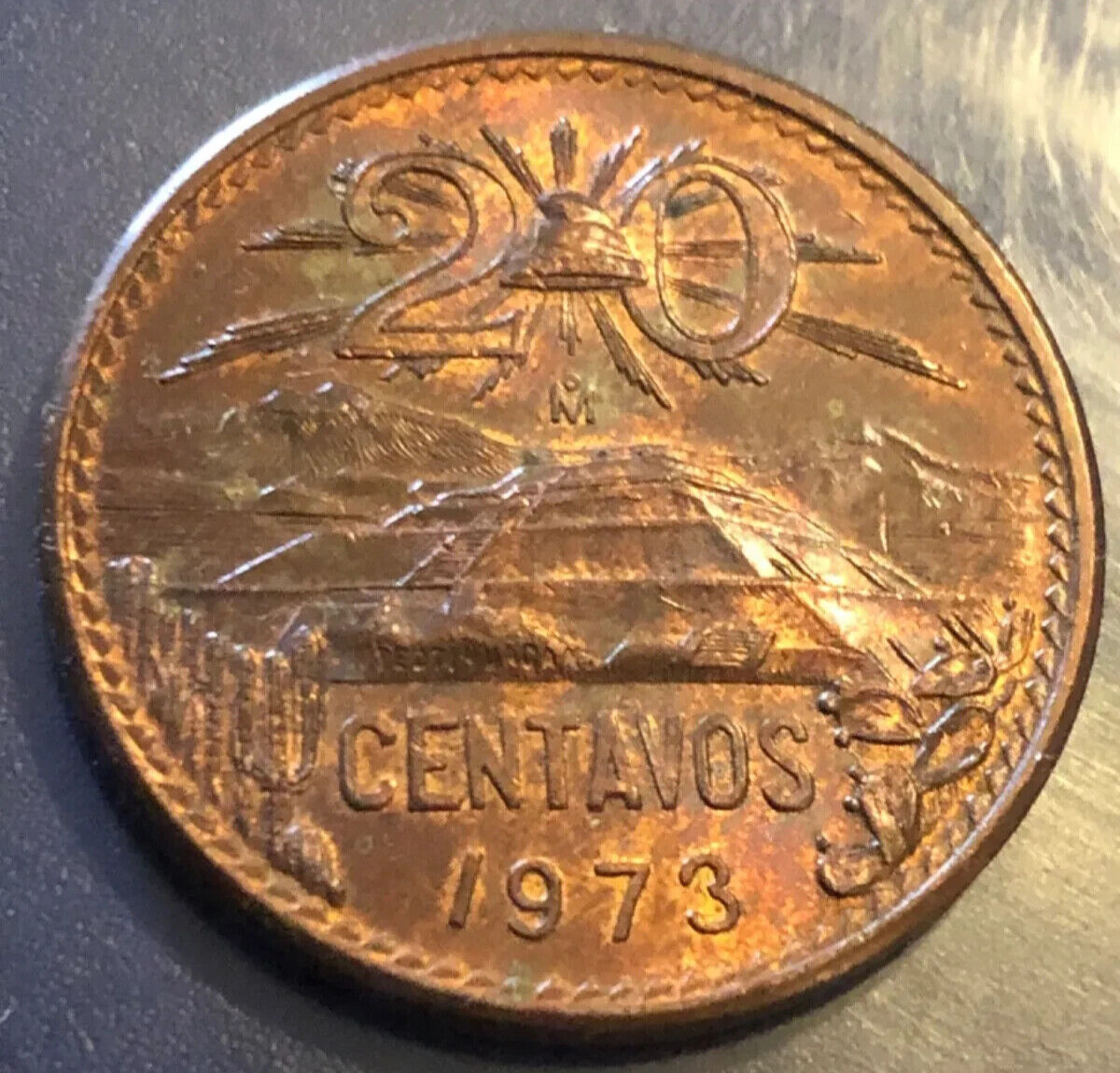 Mexico 1973 20 Centavos Teotihuacan Pyramid Brass Coin UNC #BM11
