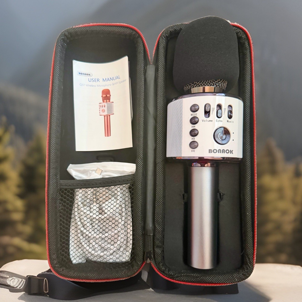 BONAOK Wireless Bluetooth Karaoke Microphone (Q37 Silver) W/Case, Manual, Cable