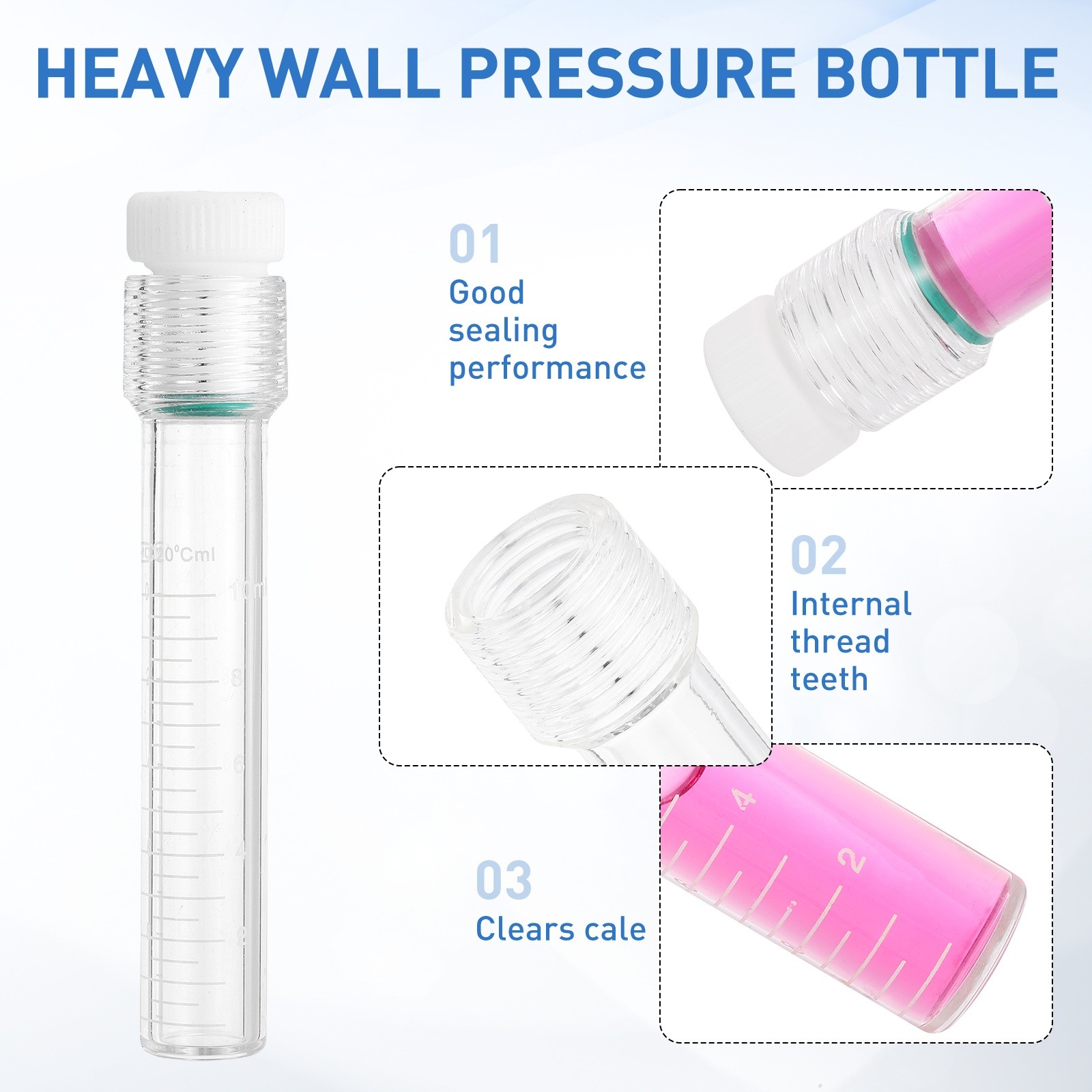 2Pcs 10ml Flat Bottom Heavy Wall Pressure Bottle with Full Scale, Clear