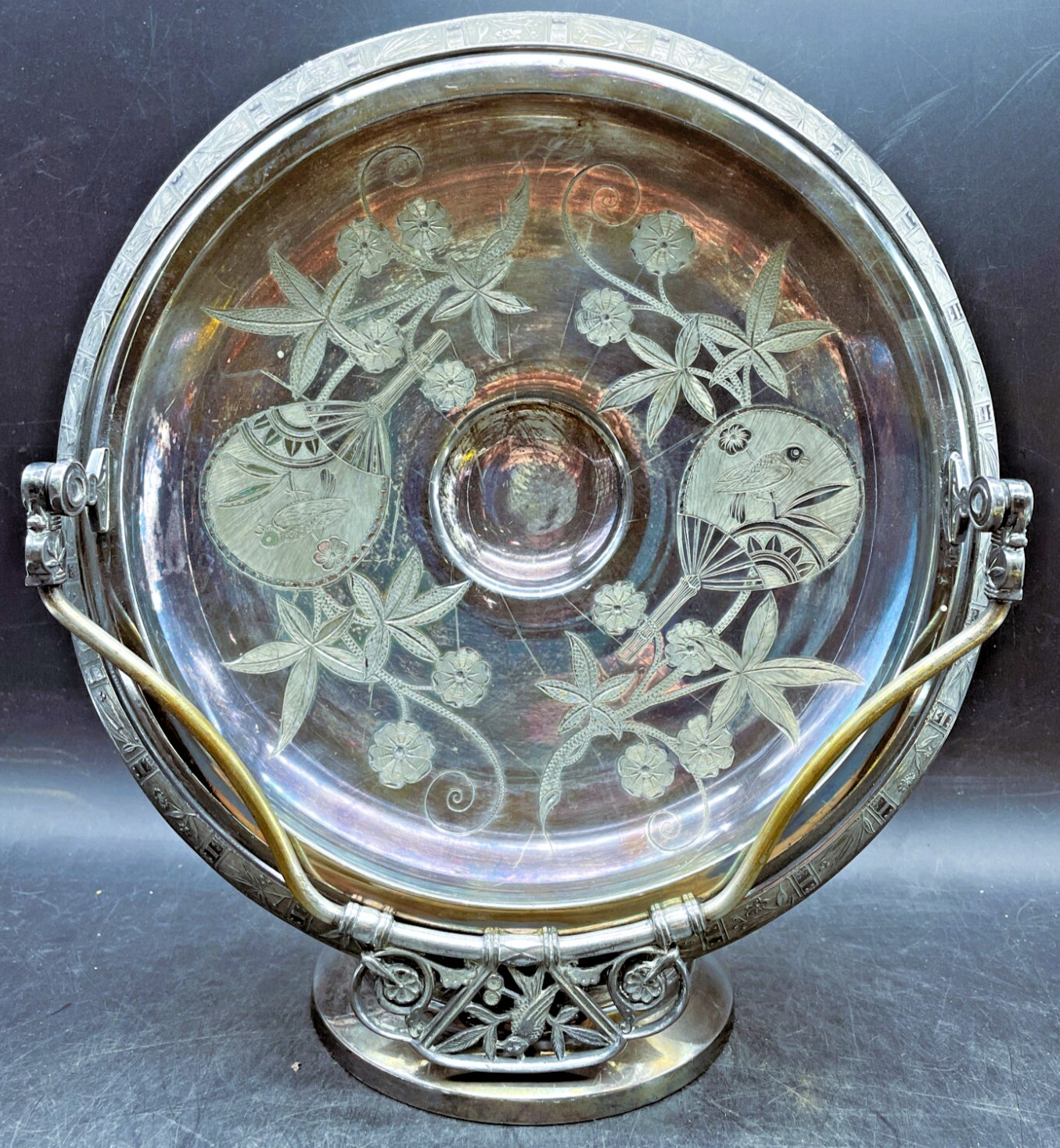 Antique Pairpoint Silver plate Brides Basket Bird Finial Swivel Top
