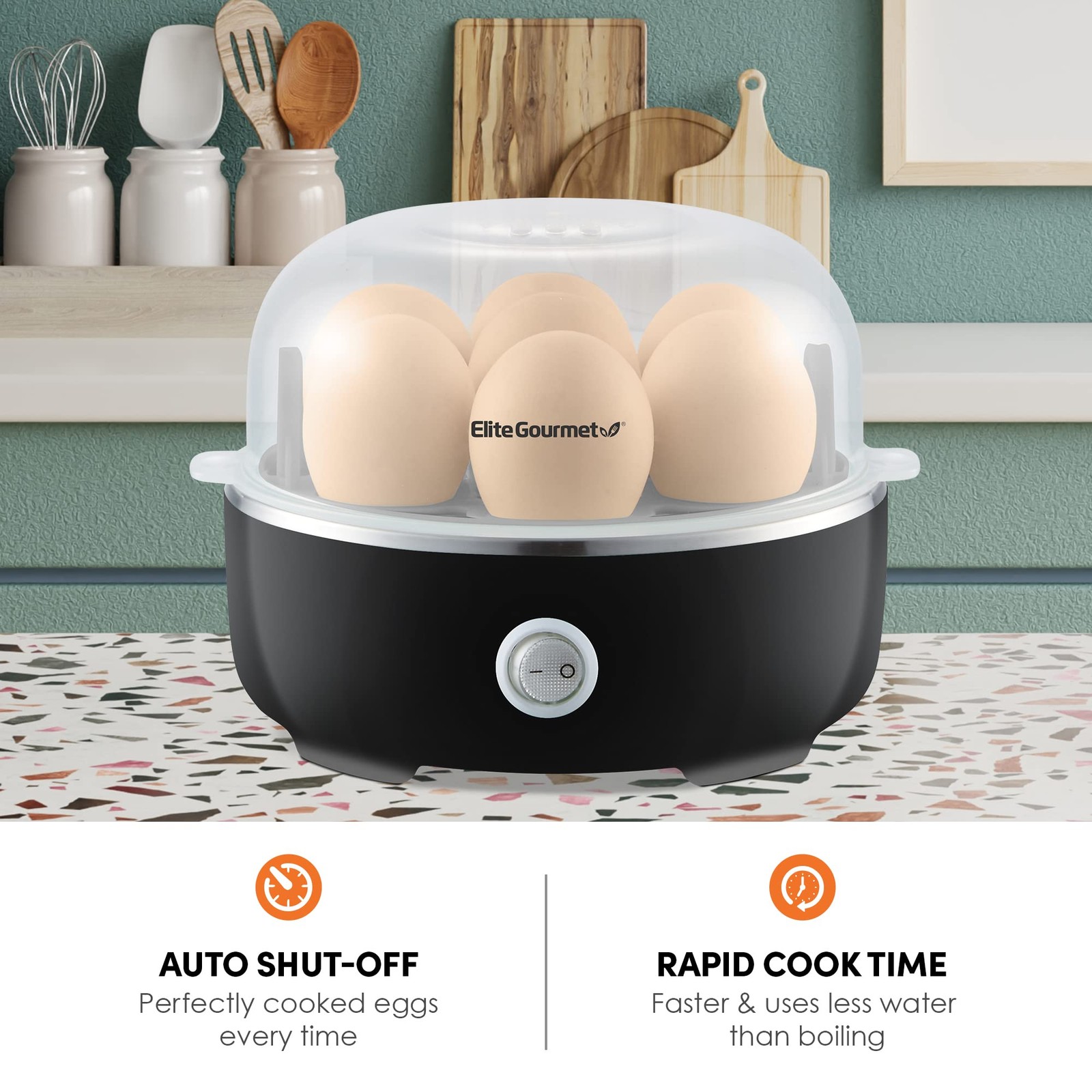 Elite Gourmet EGC115B Easy Egg Cooker Electric 7-Egg 7 Egg, Classic Black