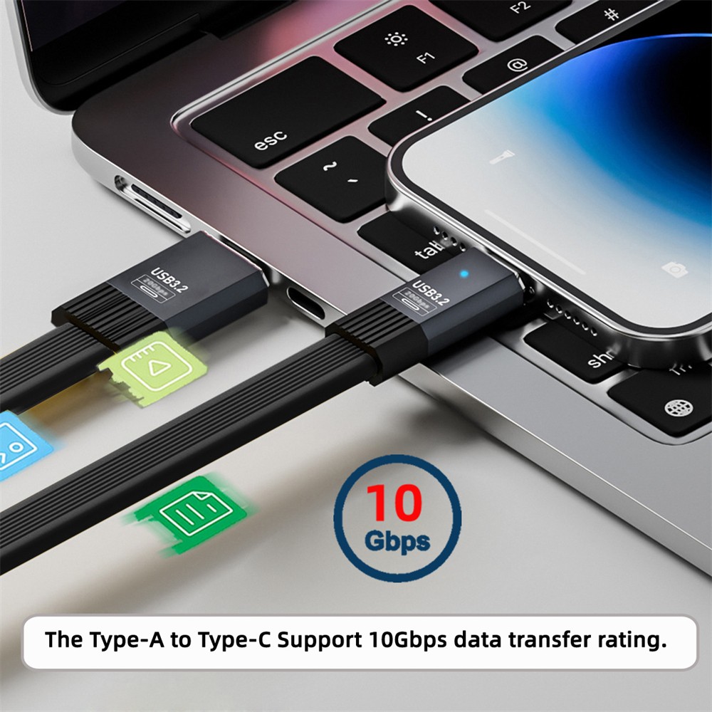 USB A to USB C Flat Cable,USB 3.2 Gen2 10Gbps Data Transfer PD 15W Fast Charging