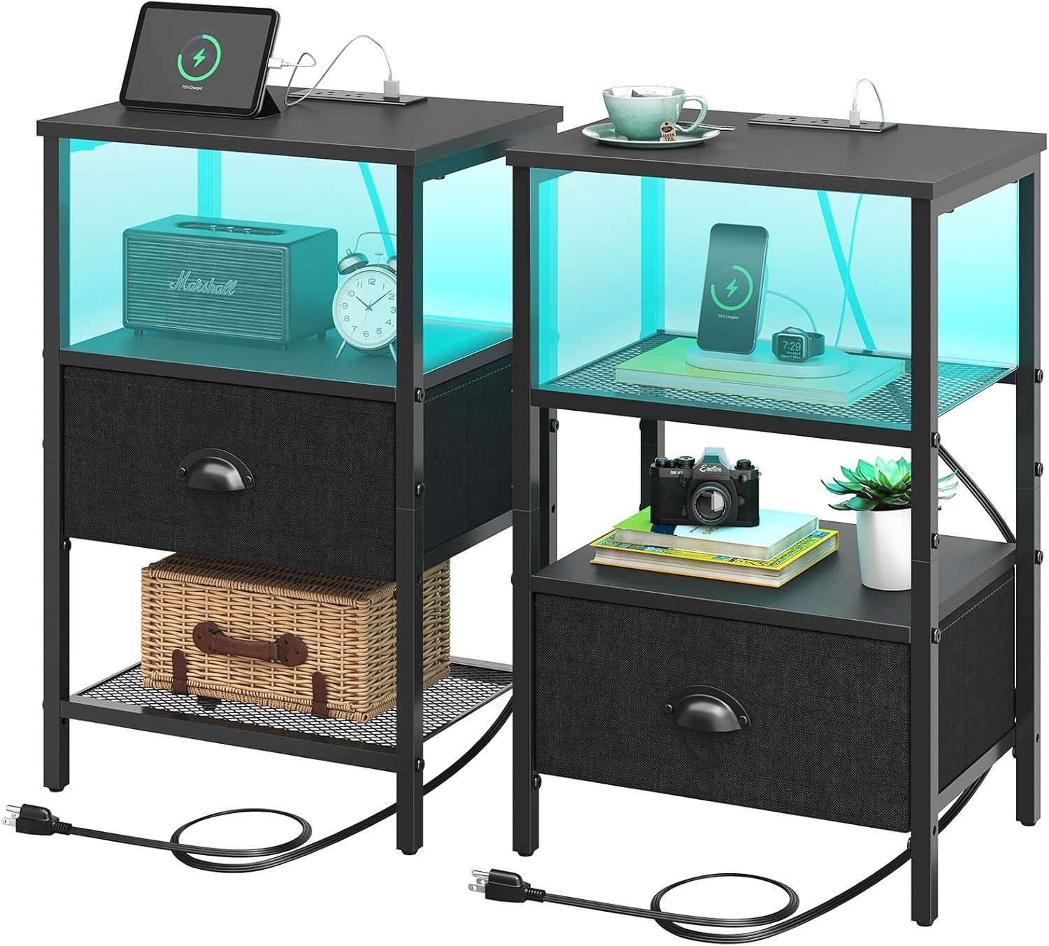 Sthmec Nightstands Set of 2, LED Bedside Tables with Charging Station Black