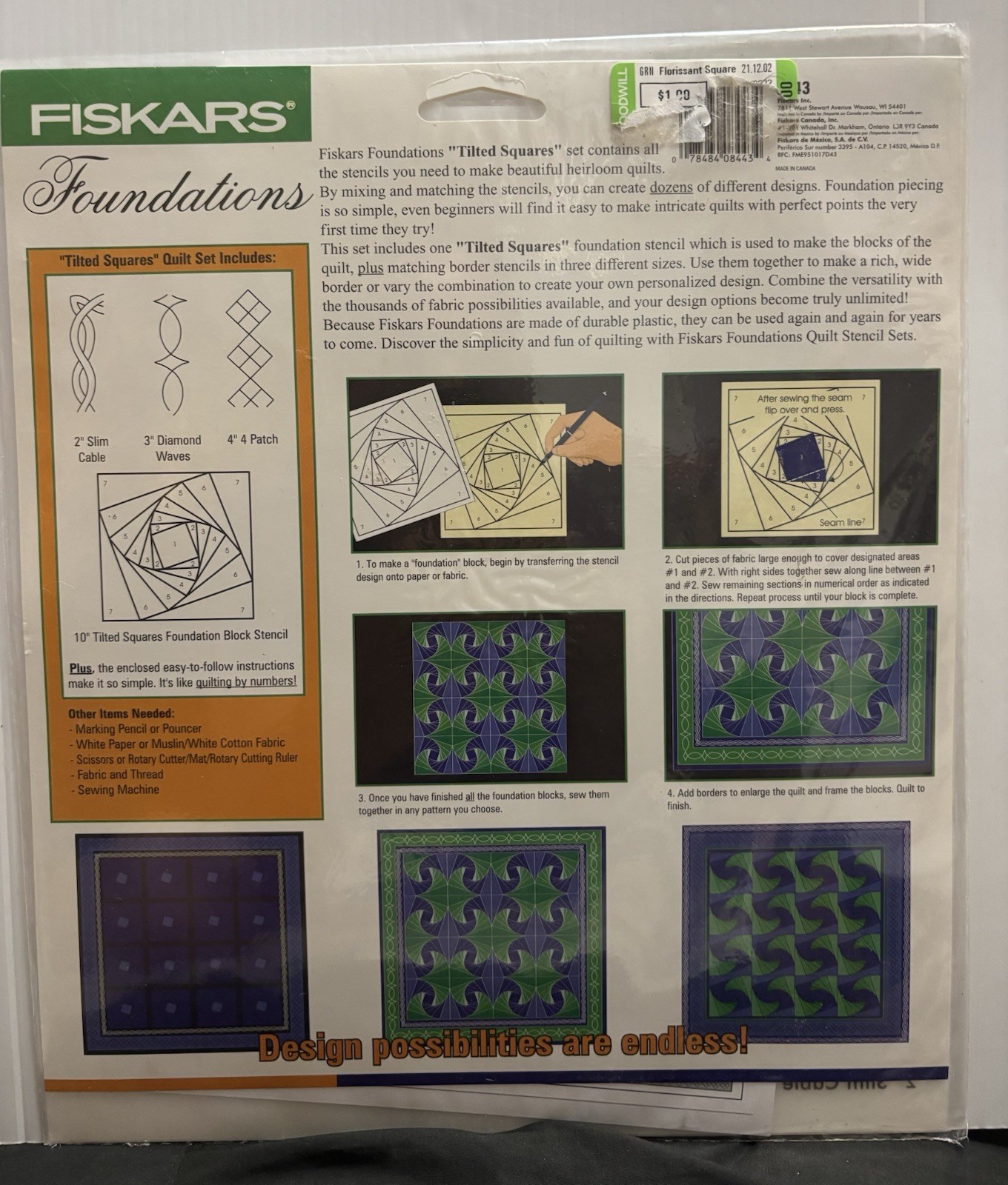Fiskars Foundations Tilted Squares #8443 Complete Quilt Stencil Set FREE SHIP