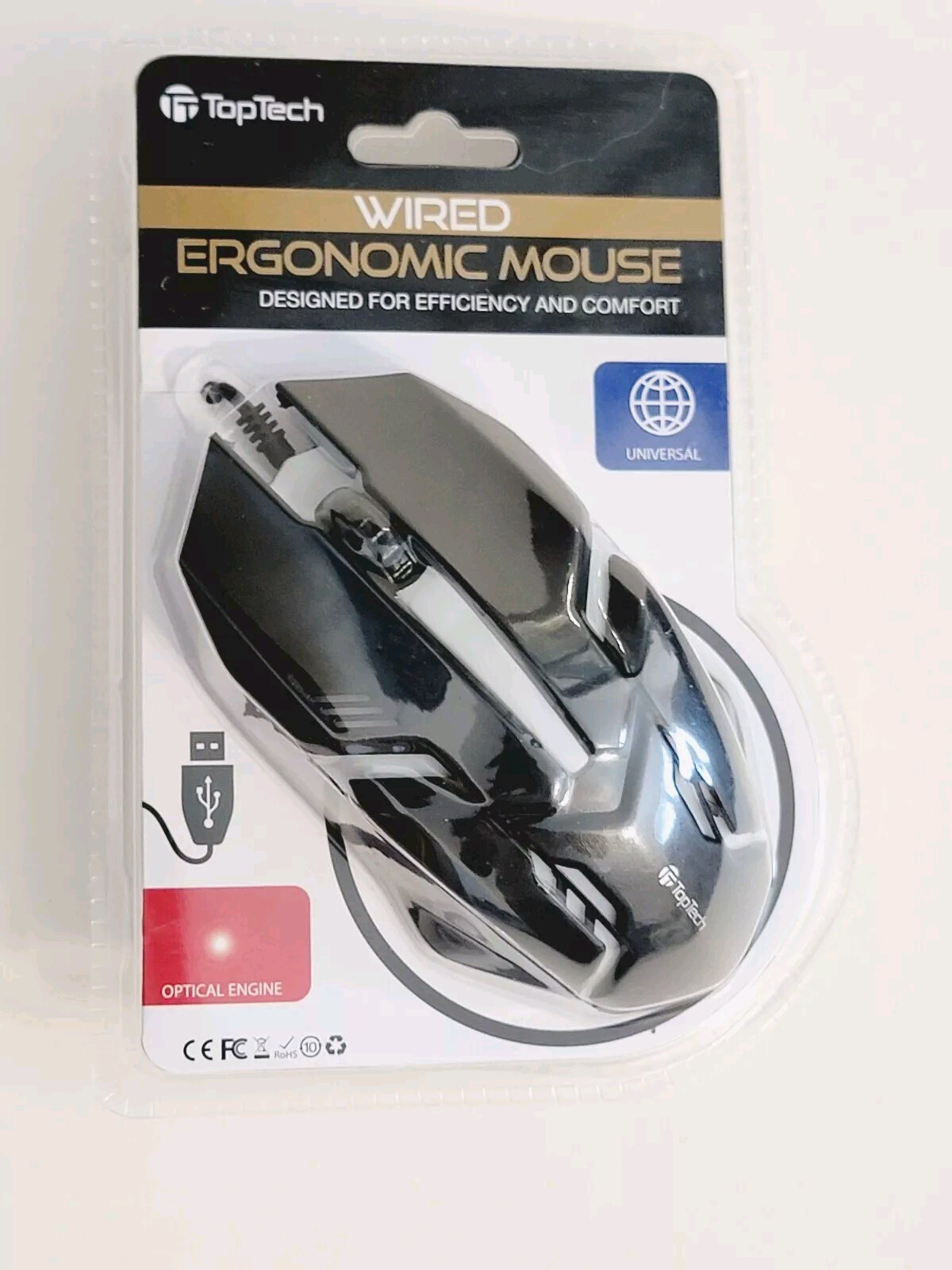 TopTech Wired Optical Ergonomic Smooth Glide Mouse USB 