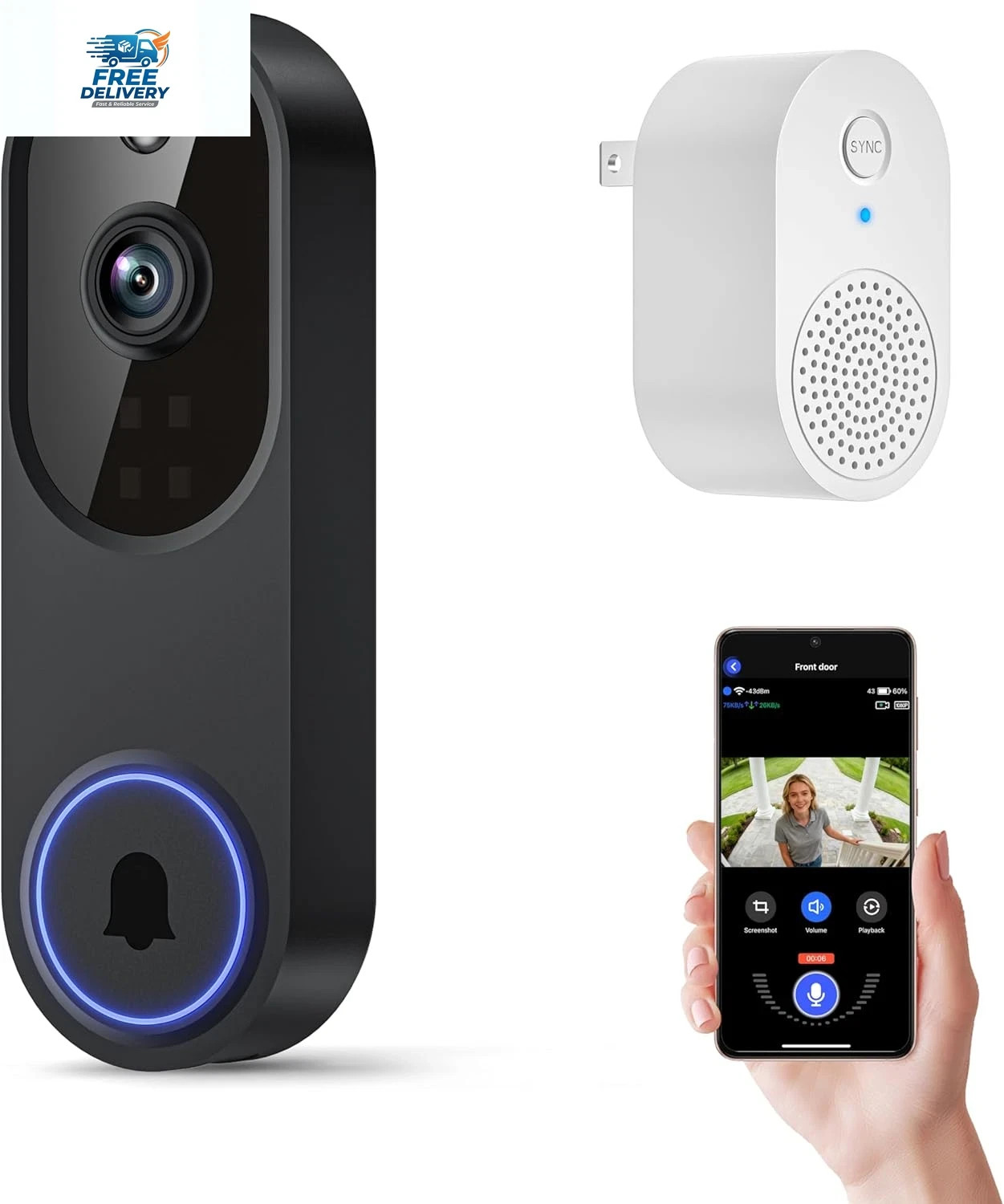 1080P WiFi Video Doorbell Camera Night Vision 2 Way Audio Motion Alert