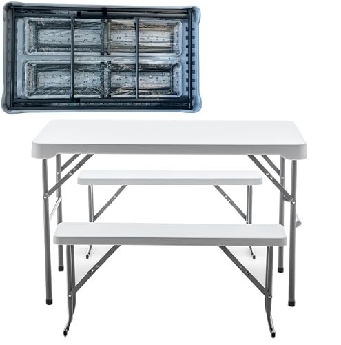 Folding Picnic Table Set White Heavy Duty HDPE Rectangle Table Two Benches
