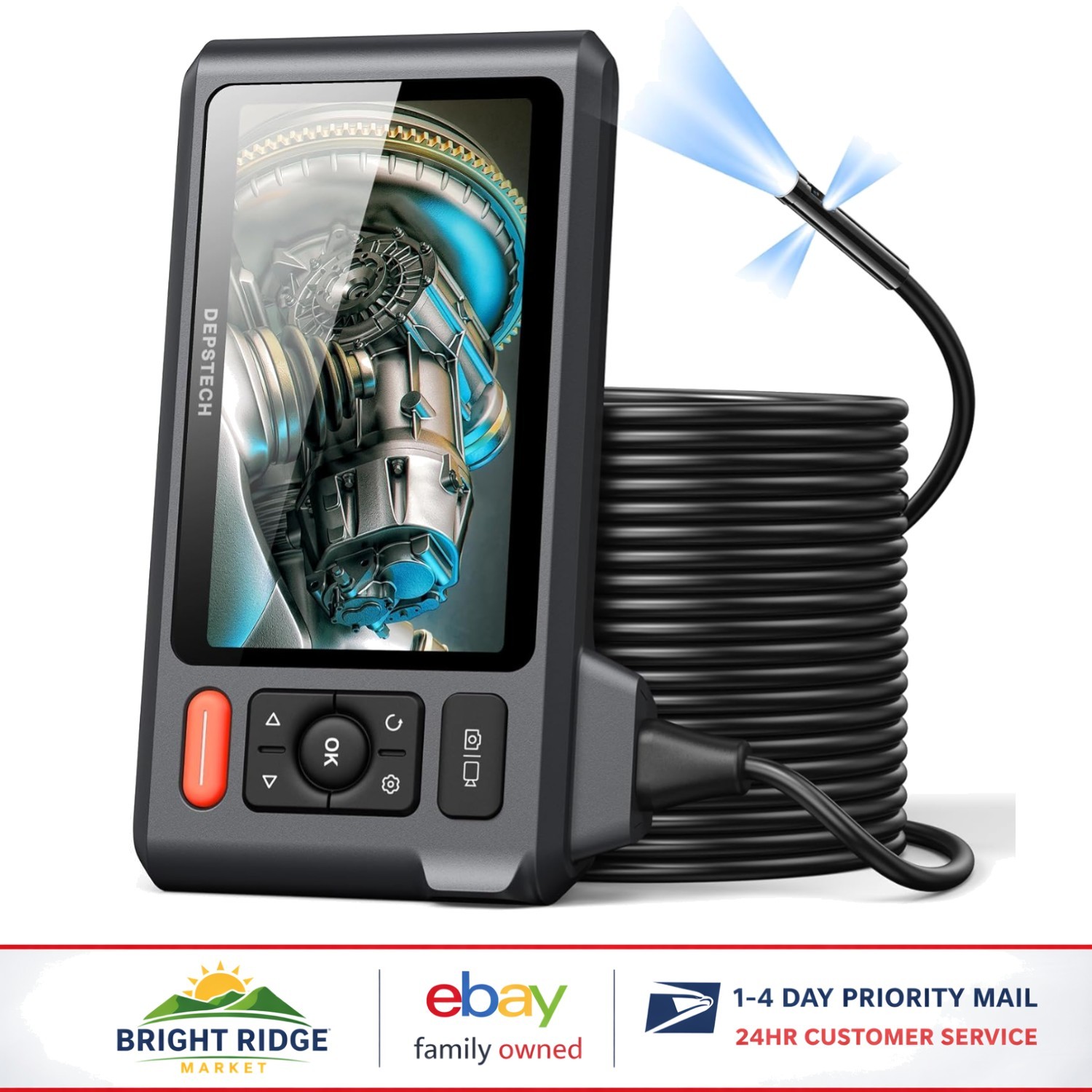 50FT Waterproof Borescope Camera with Split Screen & Manual Exposure Control